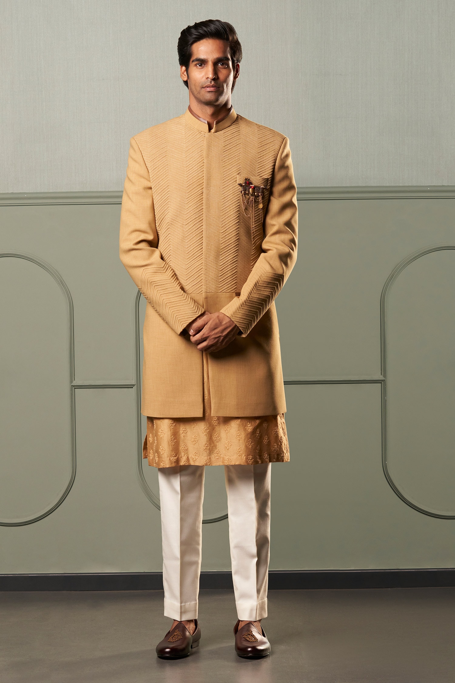 Green Woven Asymmetric Sherwani With Trouser 509MW17