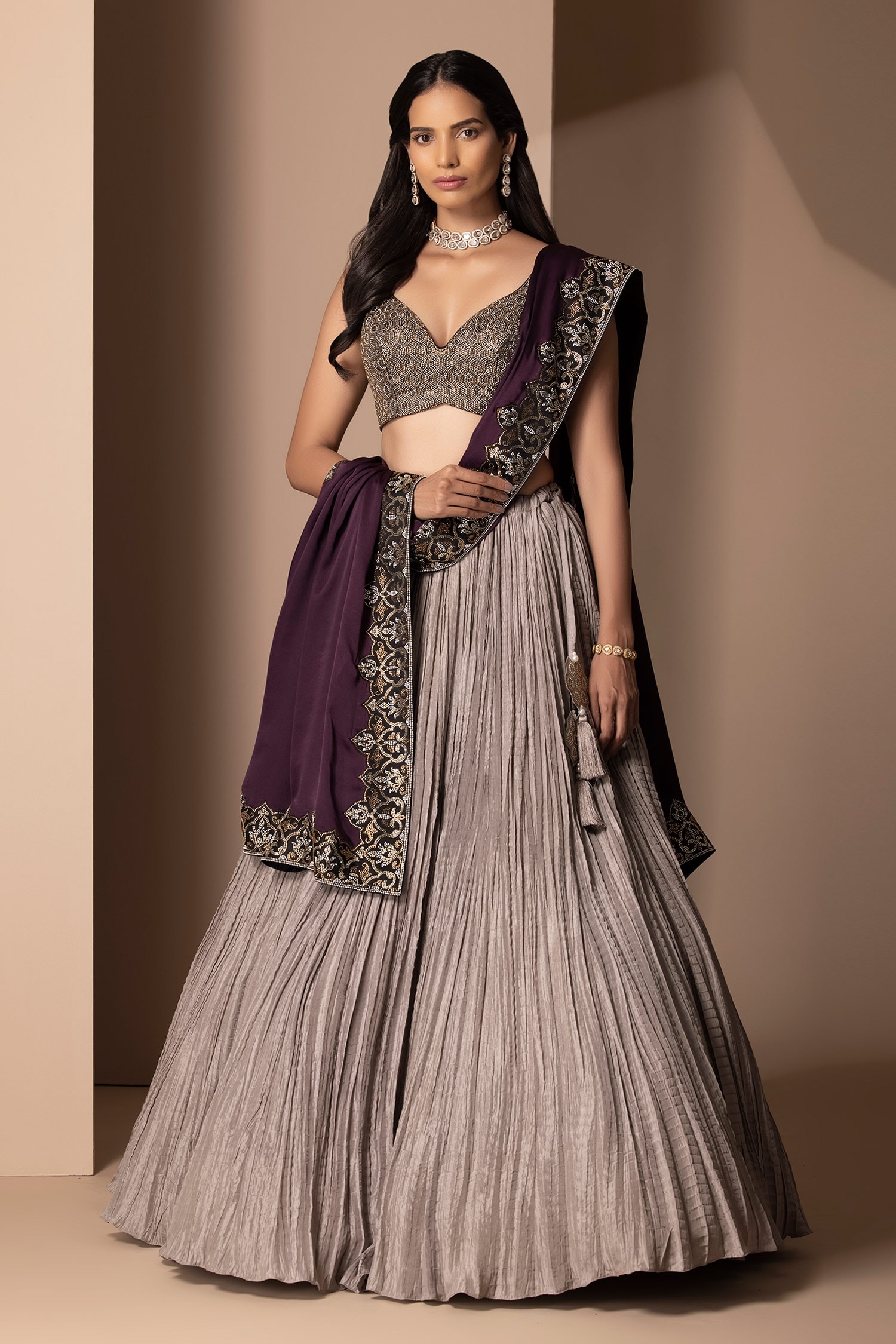 Buy Charcoal Grey Linear Drop Lehenga With Metallic Blouse by Designer  Vvani by Vani Vats Online at Ogaan.com