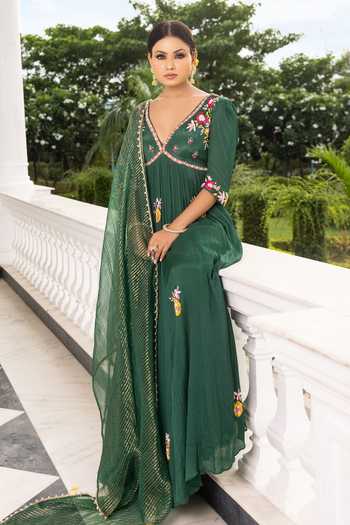 Green Chinnon Silk Embroidered Anarkali Set with Sequin Detailing and Dupatta Perfect for Festive Wear
