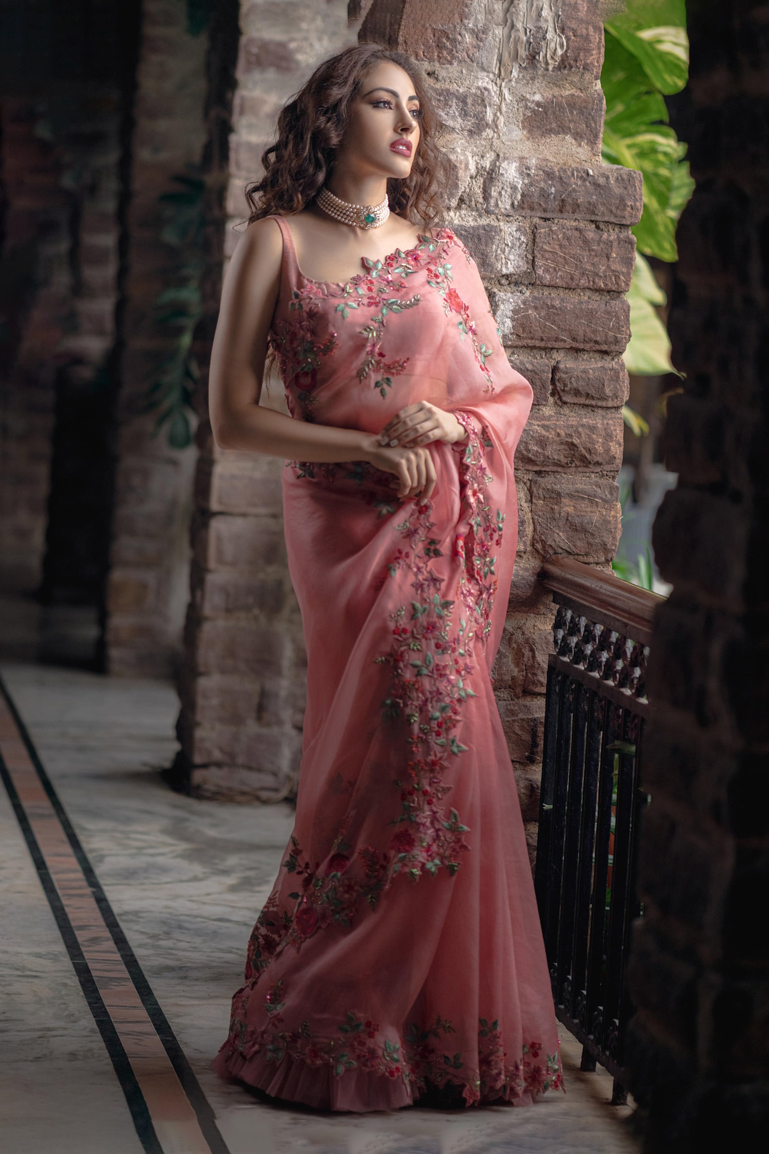 Buy Anushree Reddy Pink Organza Floral Embroidered Saree Online | Aza ...