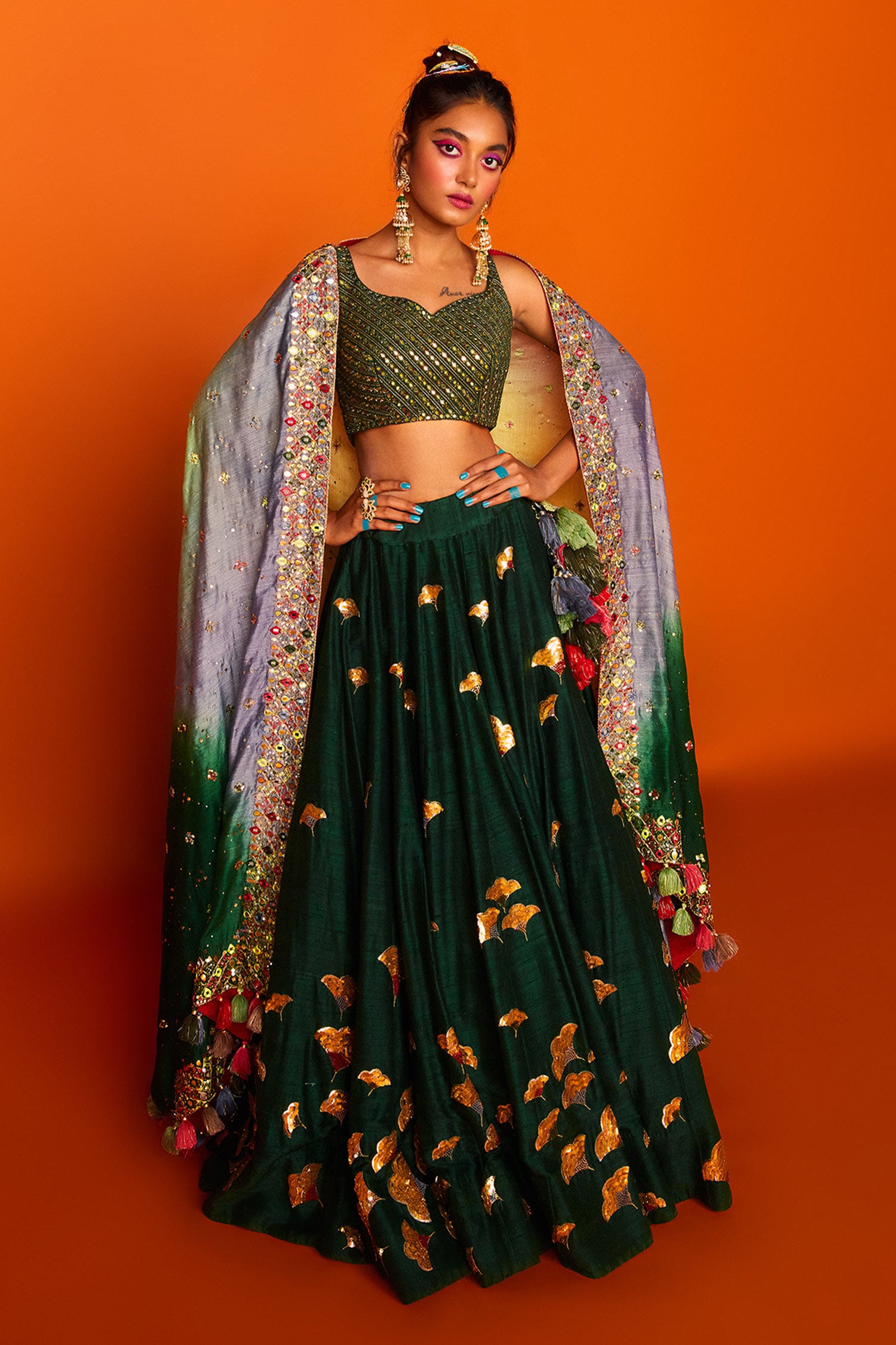 Buy Patola Printed Green and Orange Dola Silk Lehenga Choli