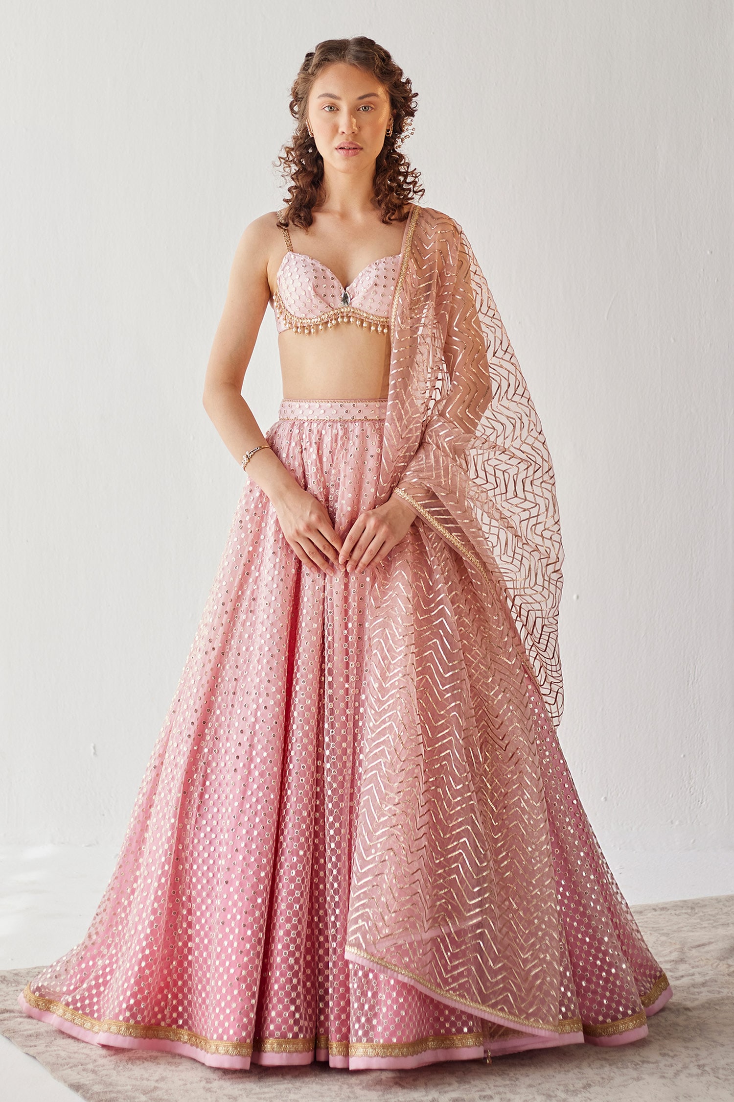 Buy Cedar And Pine Pink Tulle Ombre Sequin Embroidered Lehenga Set Online