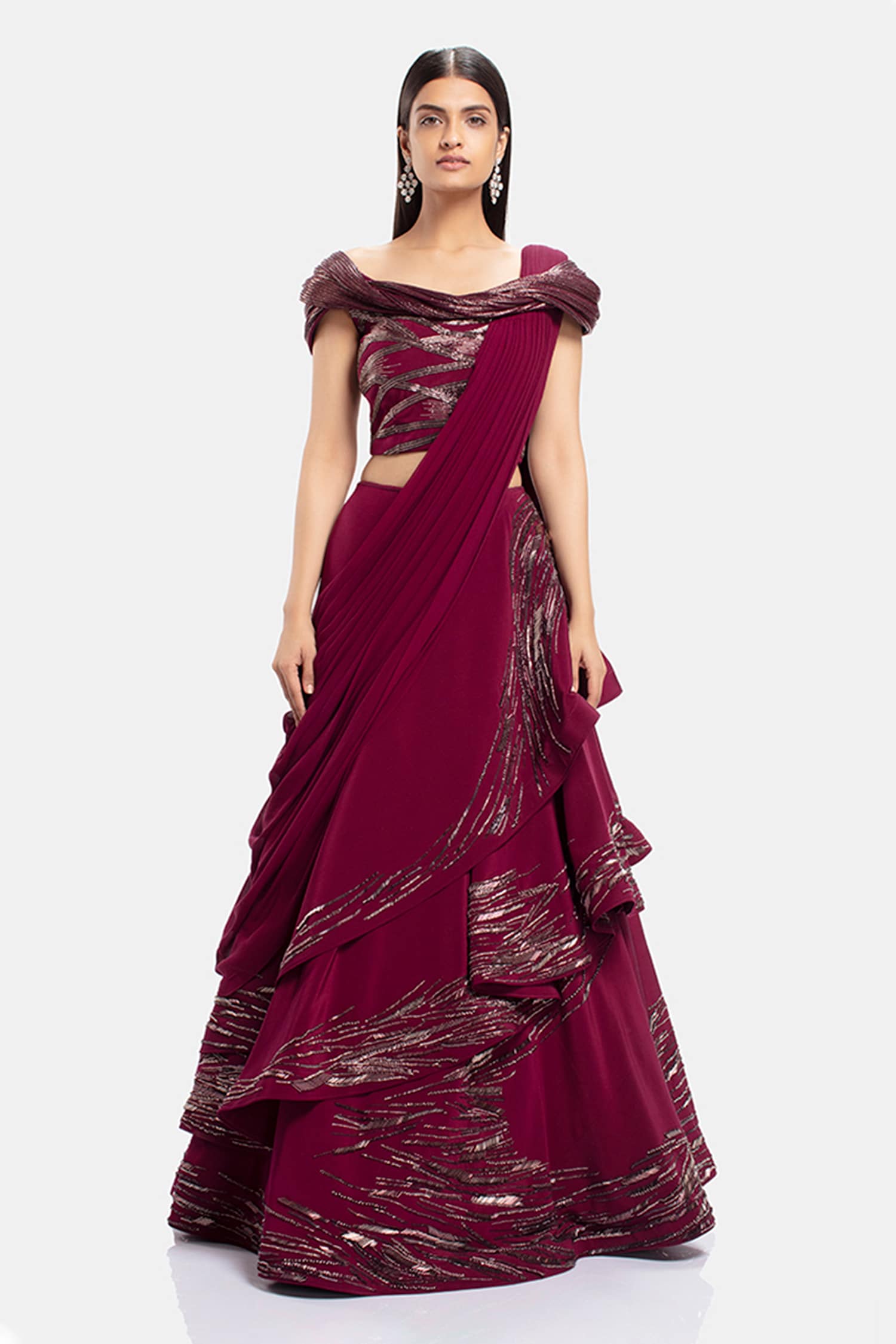 Buy Gaurav Gupta Purple Silk Crepe Draped Blouse And Lehenga Set Online ...