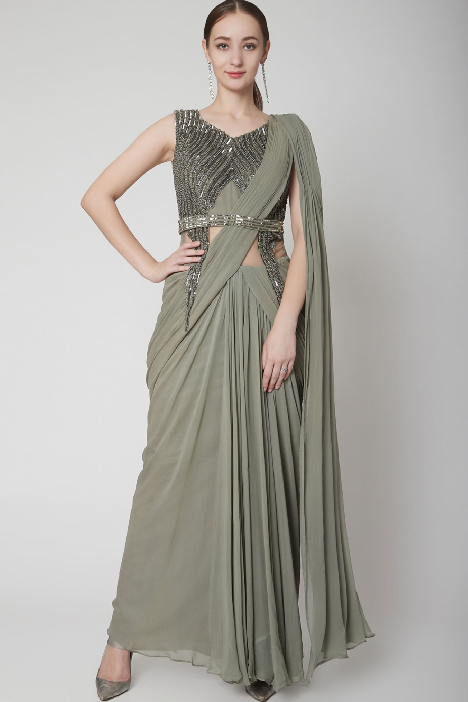 Stone Grey Saree Gown with Hand-Embroidered Metallic Bodice & 3D Pallu -  Seasons India