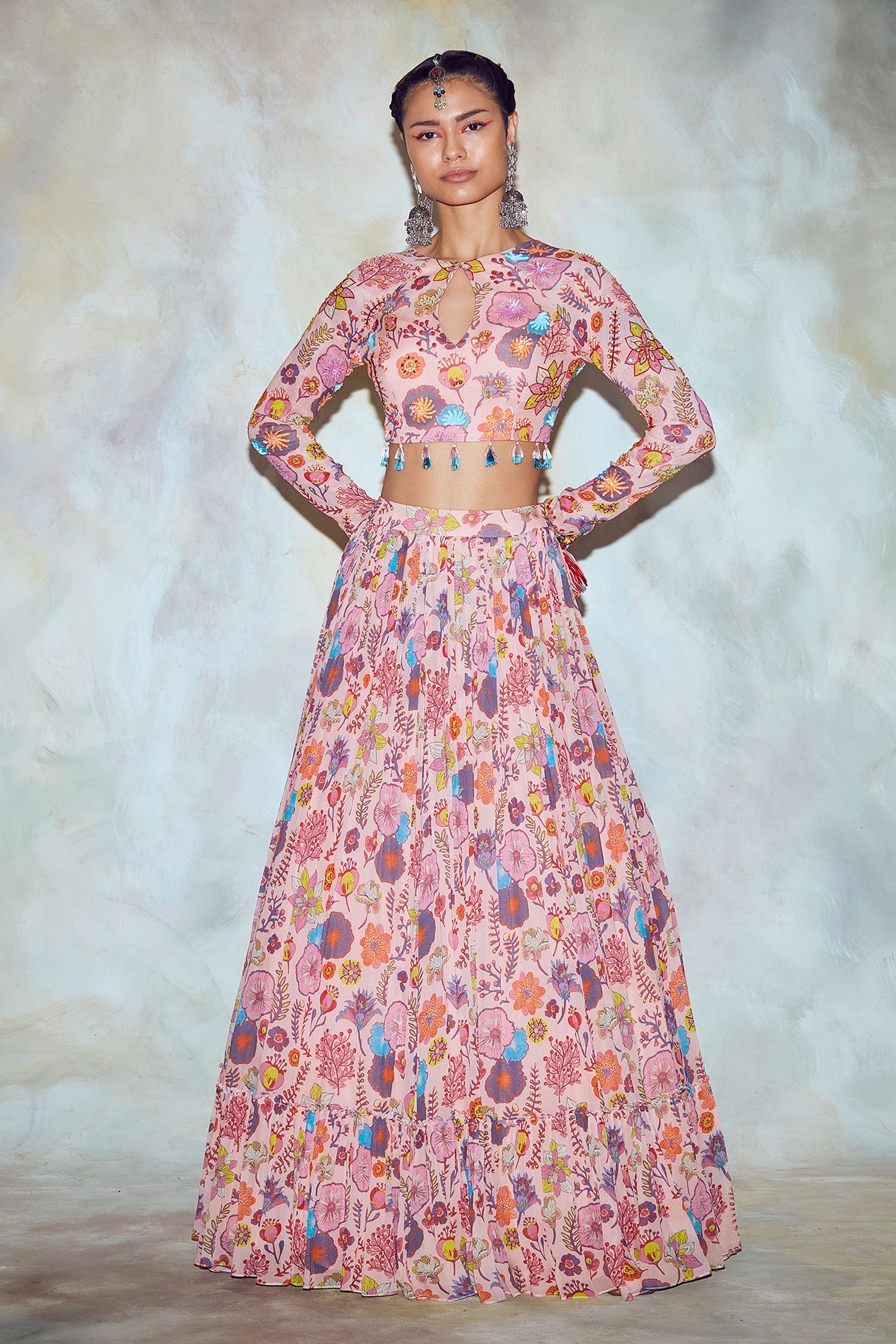 DiyaRajvvir Pink Georgette Printed Crop Top And Skirt Set