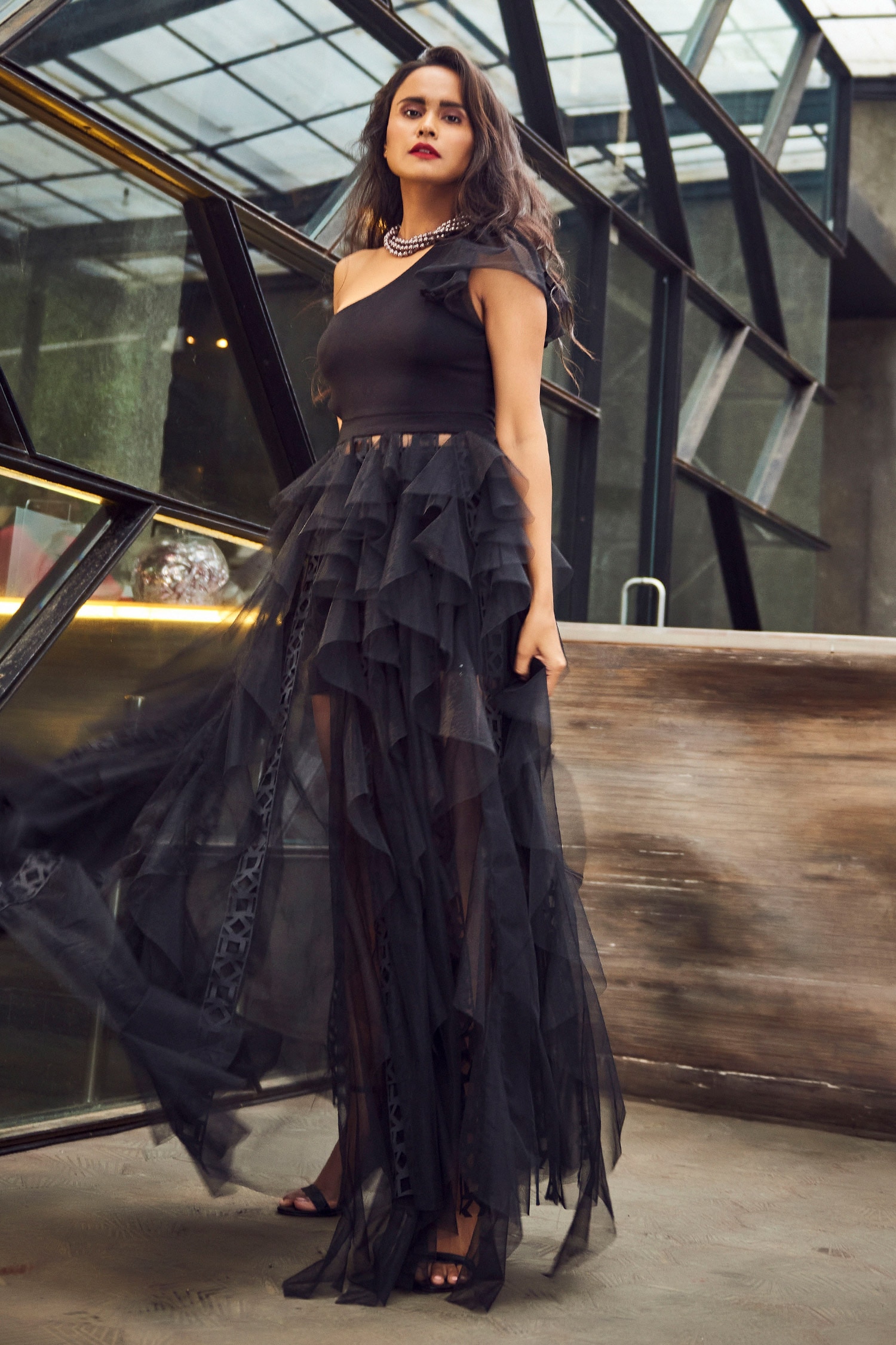 Monika Dimova Aurora Asymmetric Draped Black Feather Dress