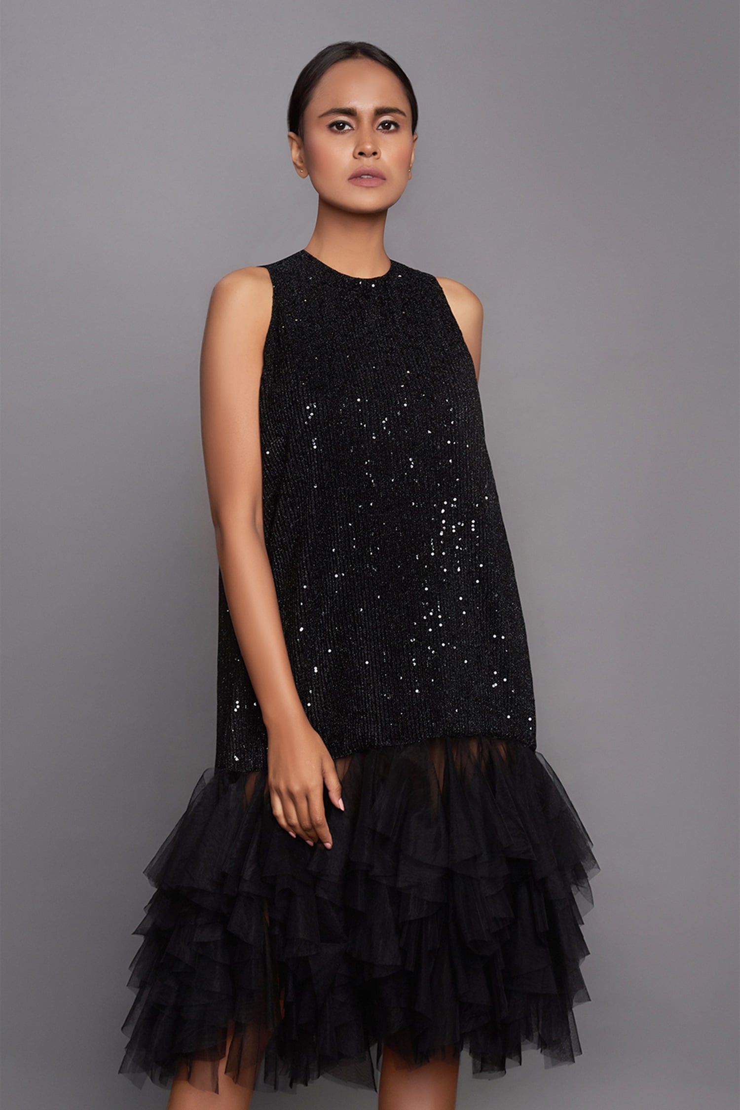 Deepika Arora - Black Net Embroidery Round Sequins Midi Dress For Women