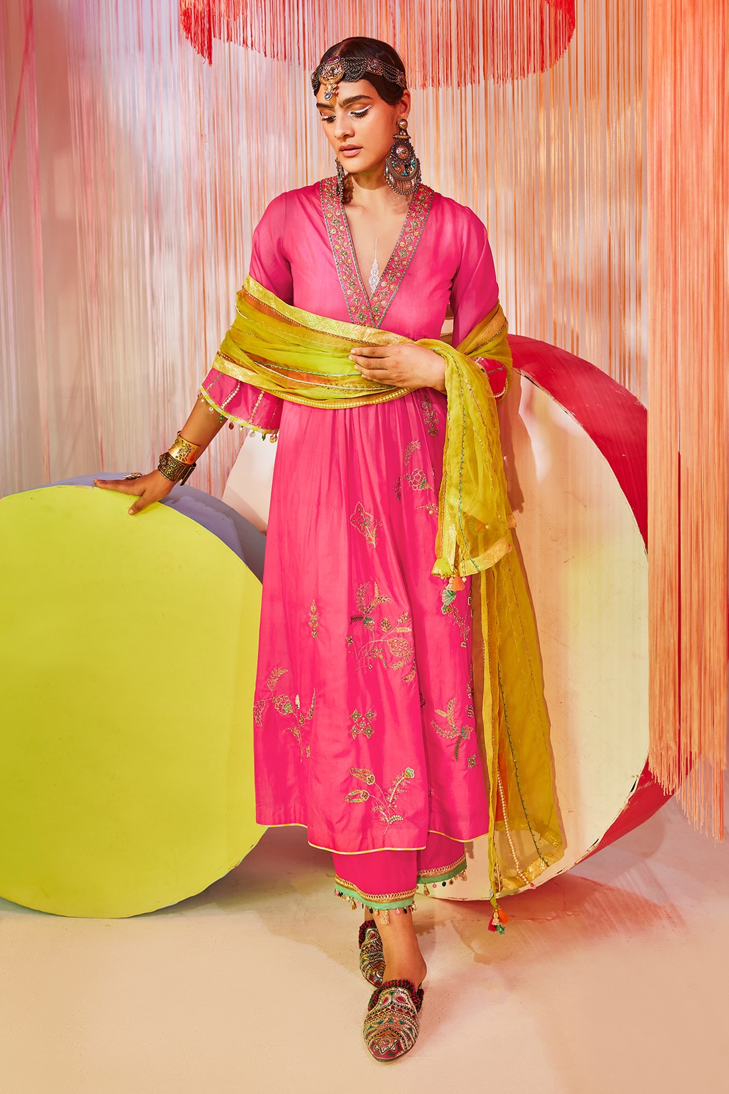 Rajiramniq Pink Silk Embroidery Sequin V Neck Anarkali Palazzo Set For Women