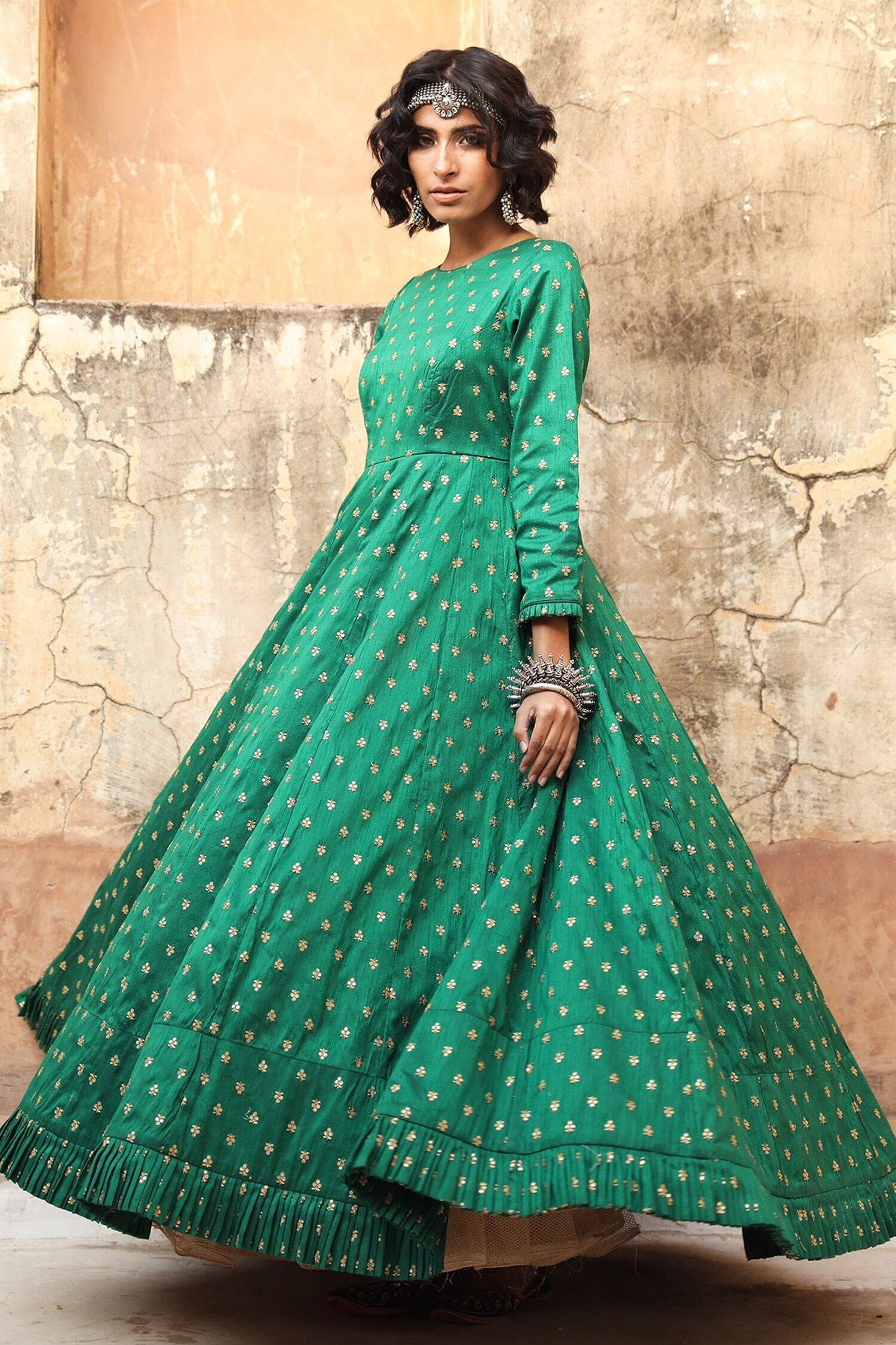Buy Gulabo Jaipur Green Daulat Cotton Silk Sequin Work Gown Online ...