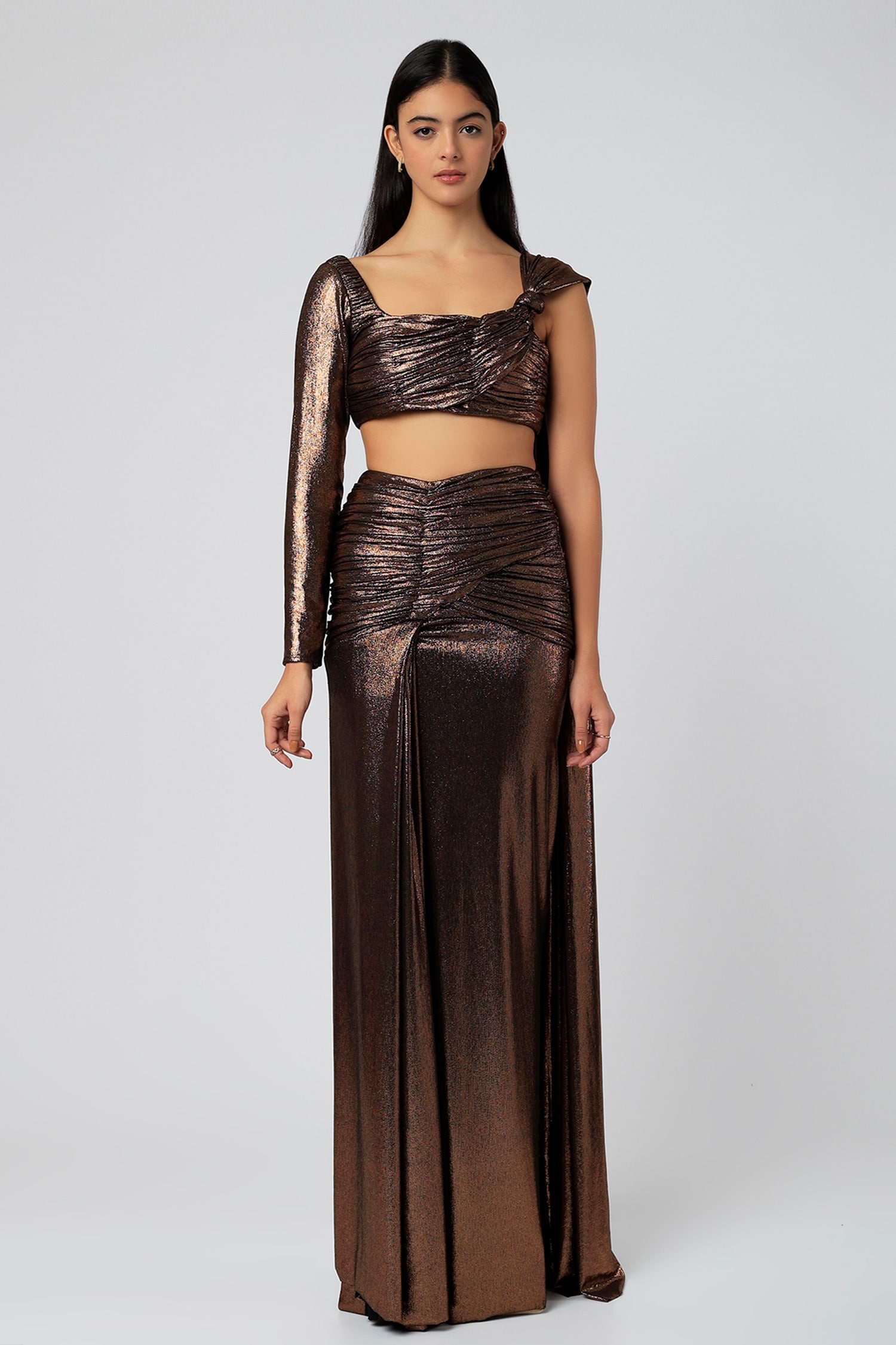 Buy Gold Lycra Square Neck Metallic Draped Blouse And Skirt Set For Women  by Deme by Gabriella Online at Aza Fashions.
