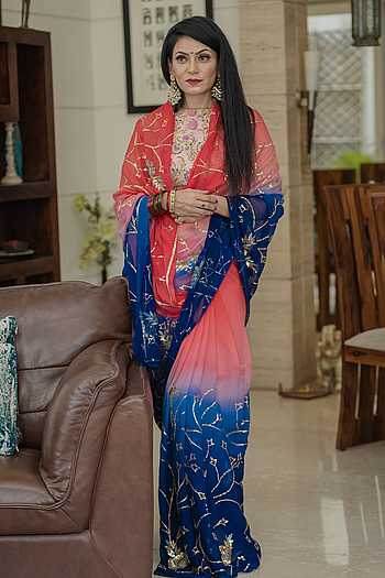 Buy Ruar India Blue Chiffon Sequin Embroidered Saree And Blouse Online ...