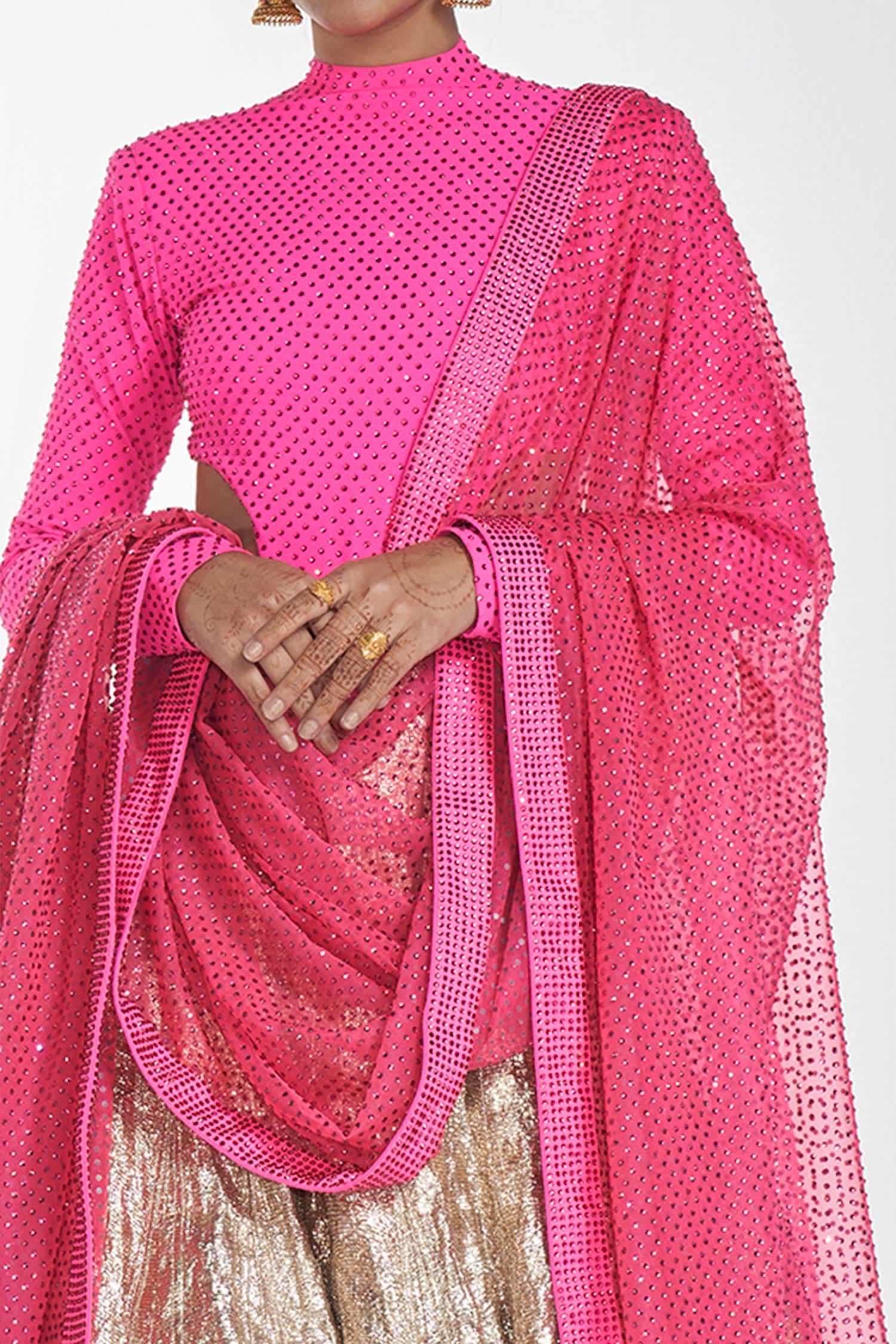 Buy Itrh Pink Gota Patti Crystal Embellished Bodysuit Lehenga Set ...