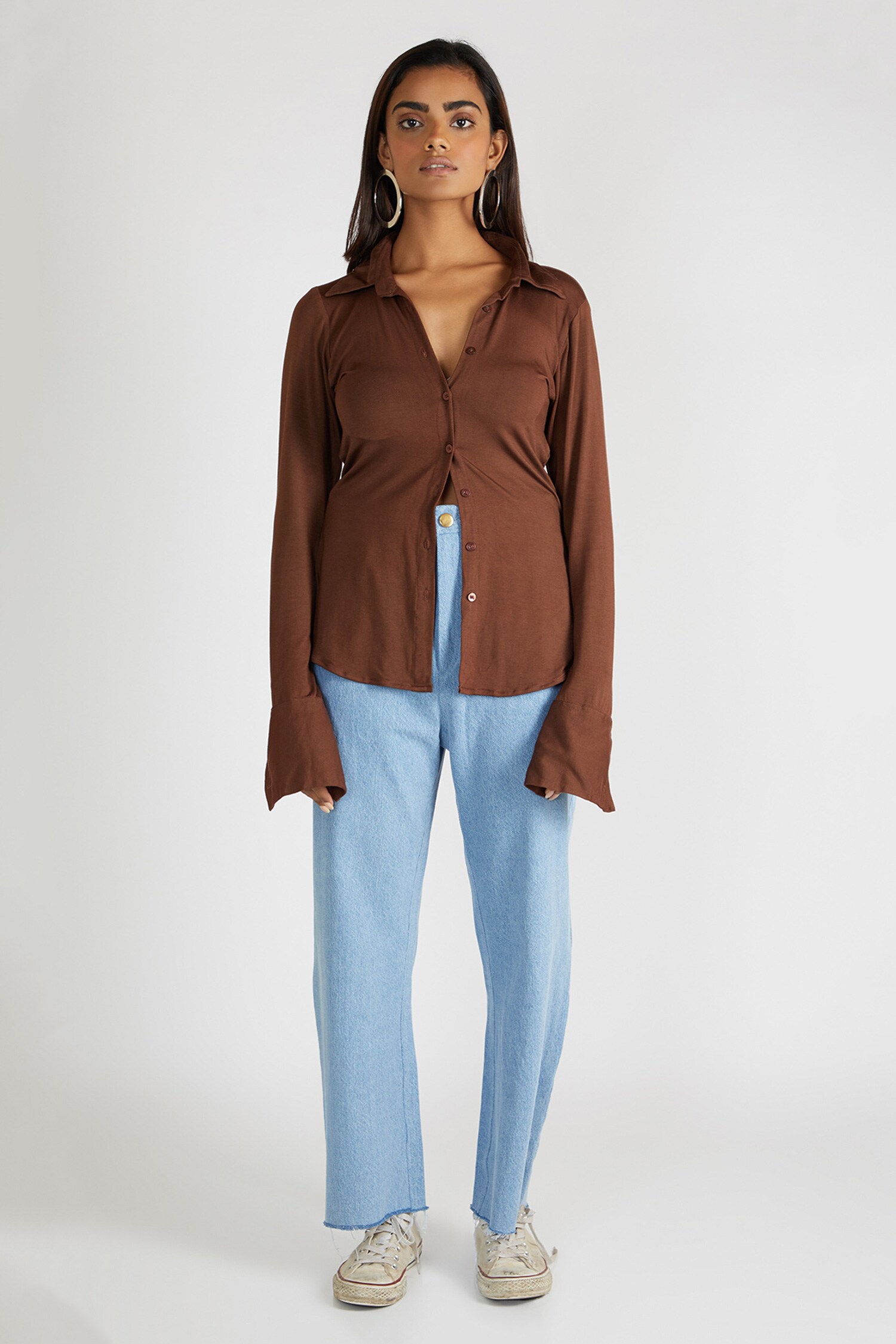 Buy Brown Jersey Spread Collar Button Front Shirt For Women by Deme by