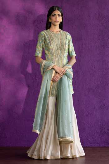 Women'S Green & Golden Woven Design Kurta With Sharara