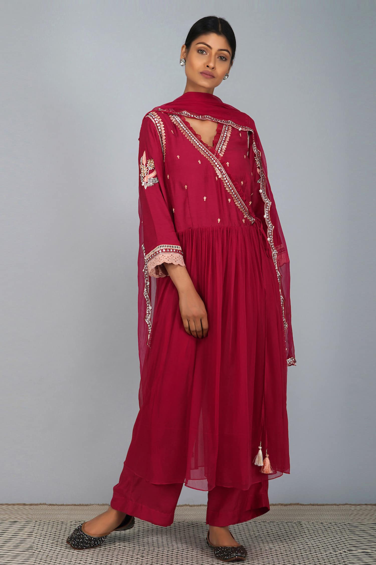 Buy Devyani Mehrotra Pink Viscose Georgette Embroidered Kurta Set ...
