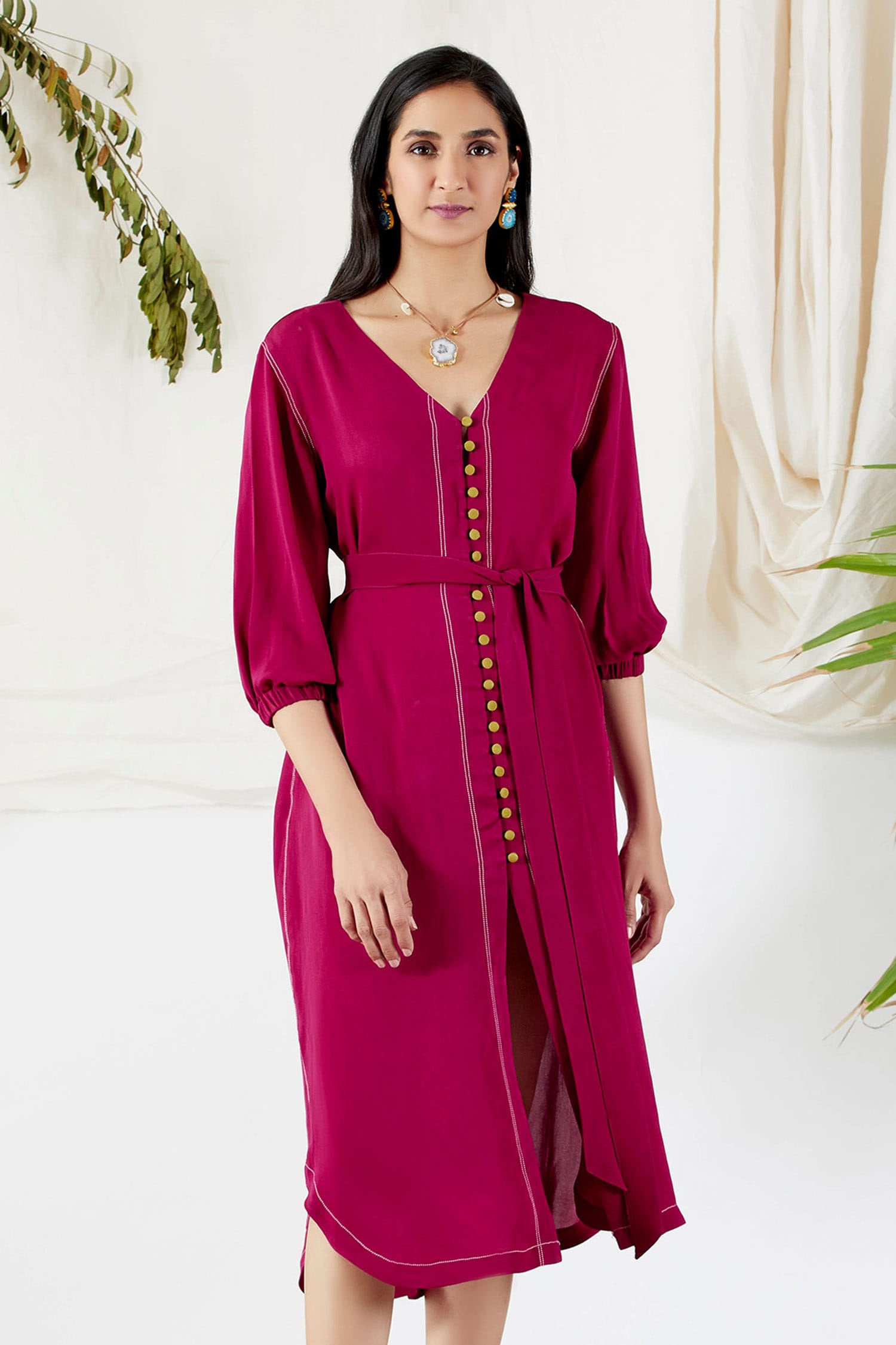Buy Pink Viscose Double Georgette V Neck Shirt Dress For Women by ...
