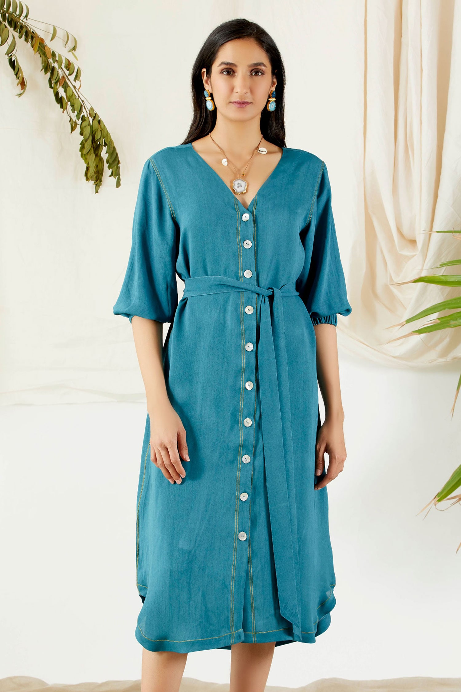Buy Blue Viscose Double Georgette V Neck Shirt Dress For Women by ...