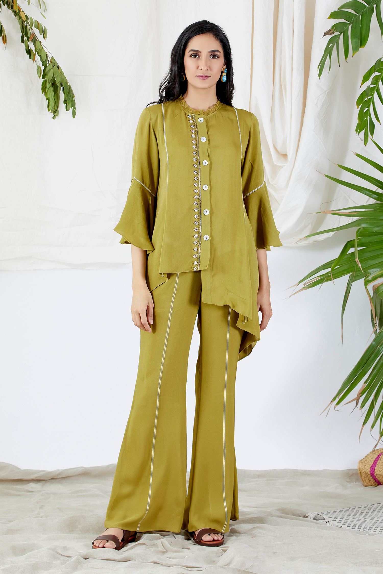 Buy Green Shirt And Pant: Viscose Double Georgette Round Asymmetric ...