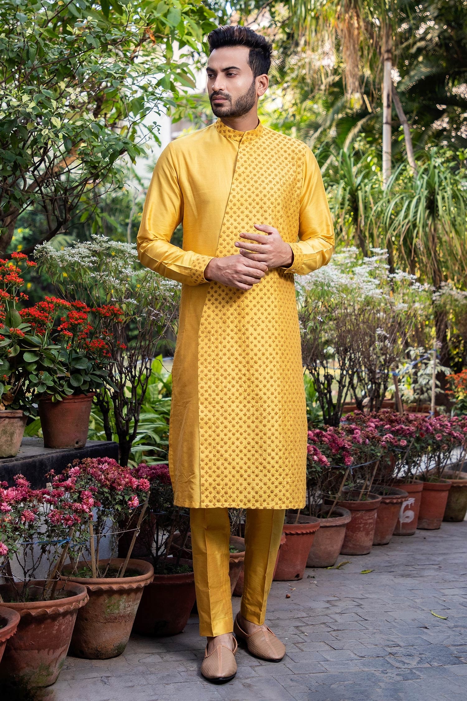 Buy Yellow Cotton Silk Embroidered Floral Motifs Layered Kurta And Pant ...