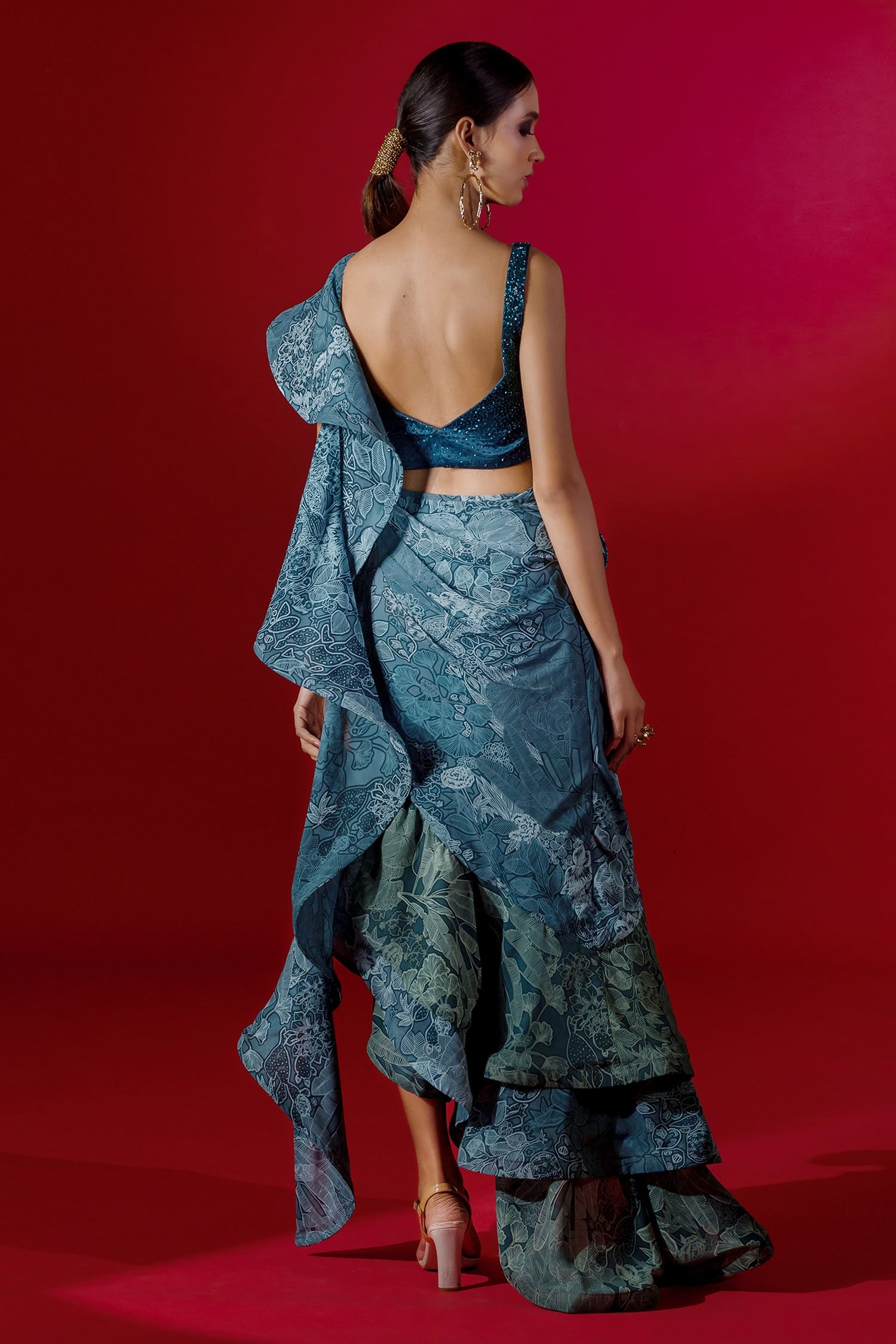 Buy Blue Georgette Embroidered Jungle V Neck Print Draped Skirt 