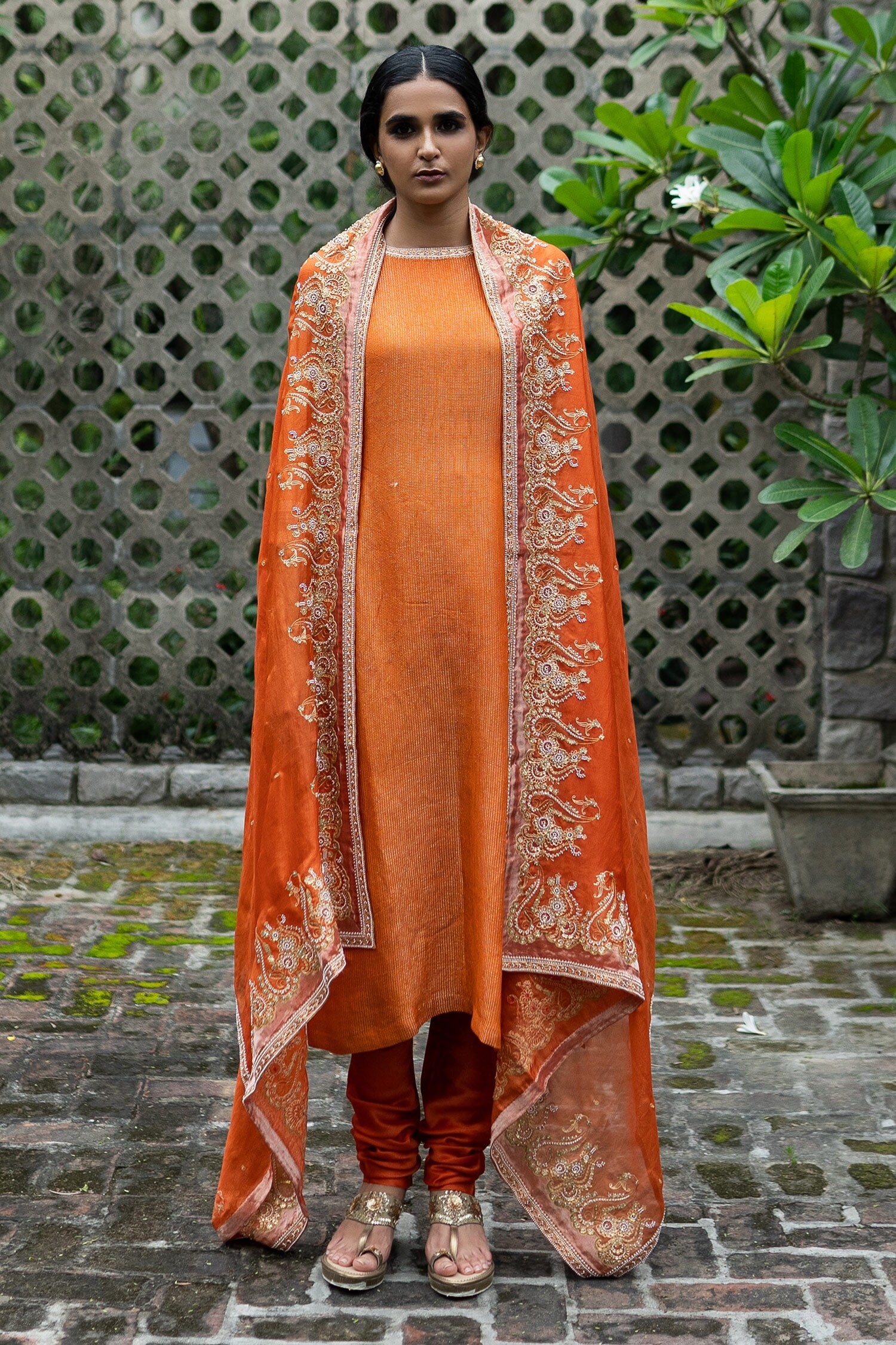 Buy Orange Silk Embroidery Moti And Aari Round Kurta Set For Women by