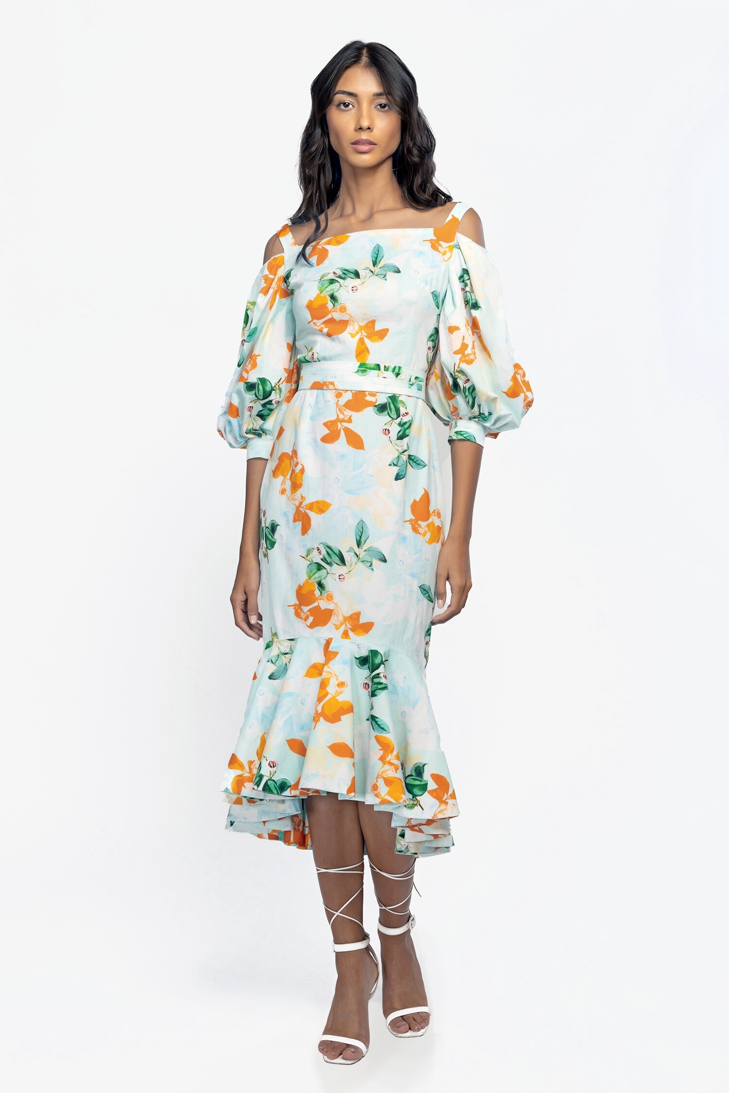 Buy Mandira Wirk Blue Cotton Floral Print Midi Dress Online | Aza Fashions