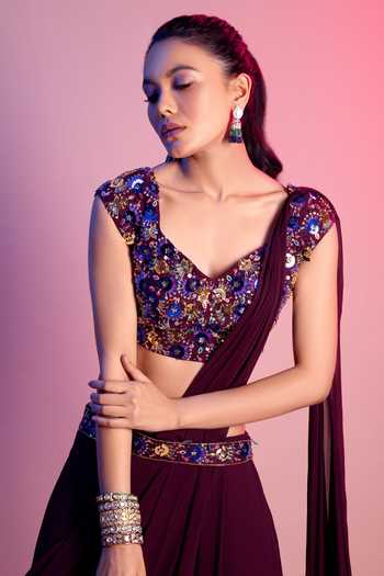 Humaida Maroon Shimmer Pre- Draped Saree Set