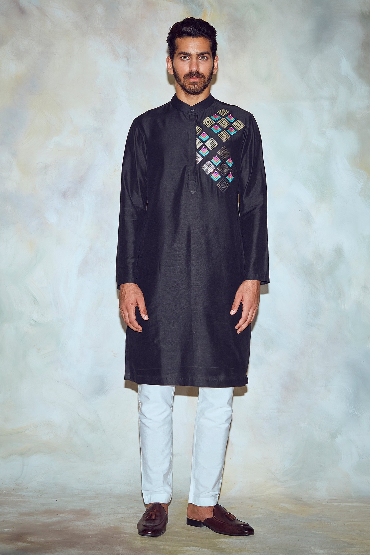 Buy Black Silk; Lining: Embroidered Straight Kurta For Men by DiyaRajvvir  Online at Aza Fashions.