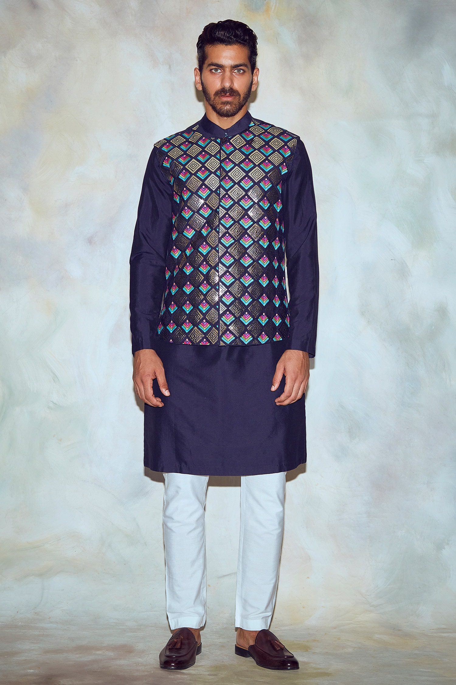 DiyaRajvvir Blue Cotton Silk Embroidered Bundi With Kurta