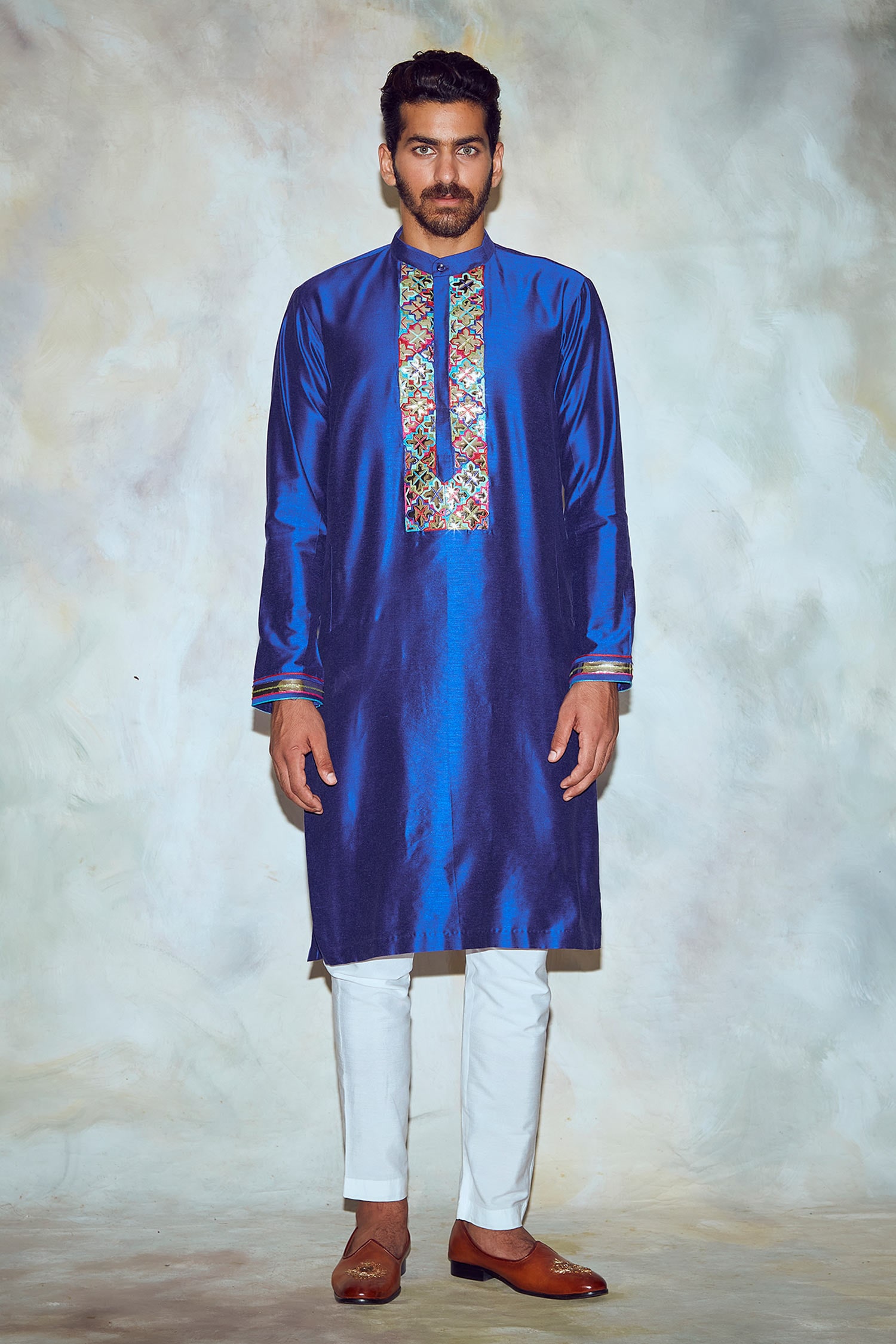 DiyaRajvvir Blue Cotton Silk Embroidered Straight Kurta