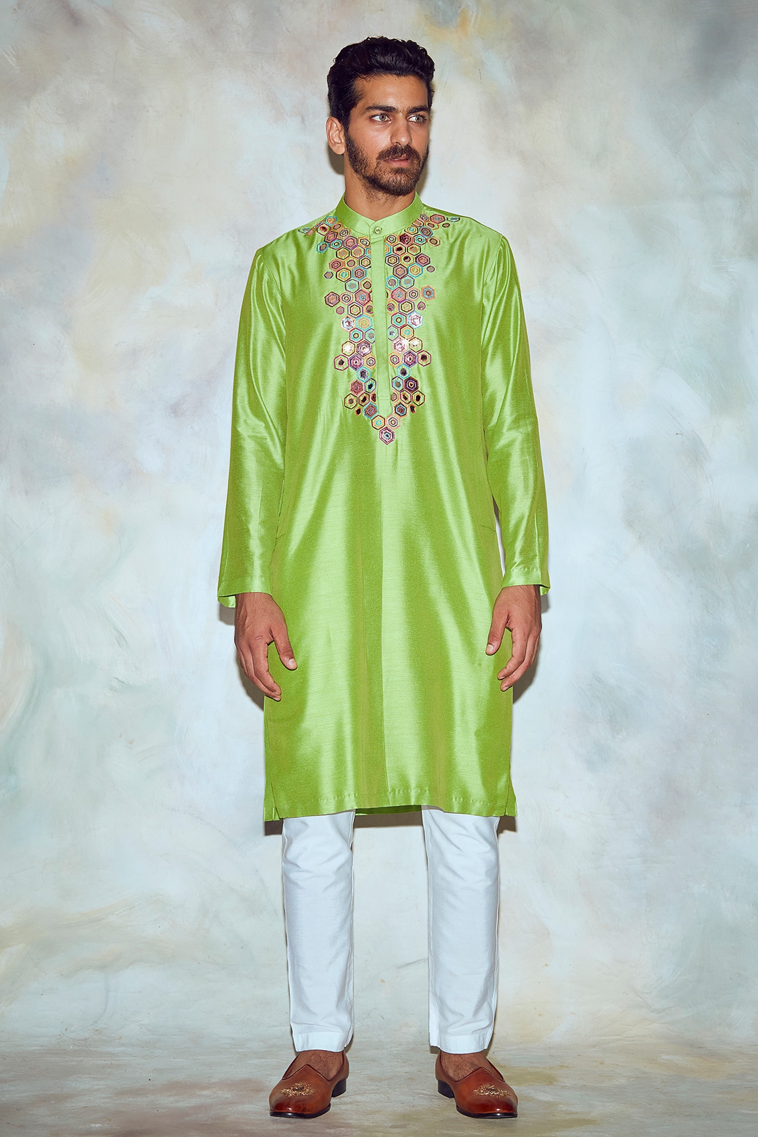 DiyaRajvvir Green Cotton Silk Embroidered Straight Kurta