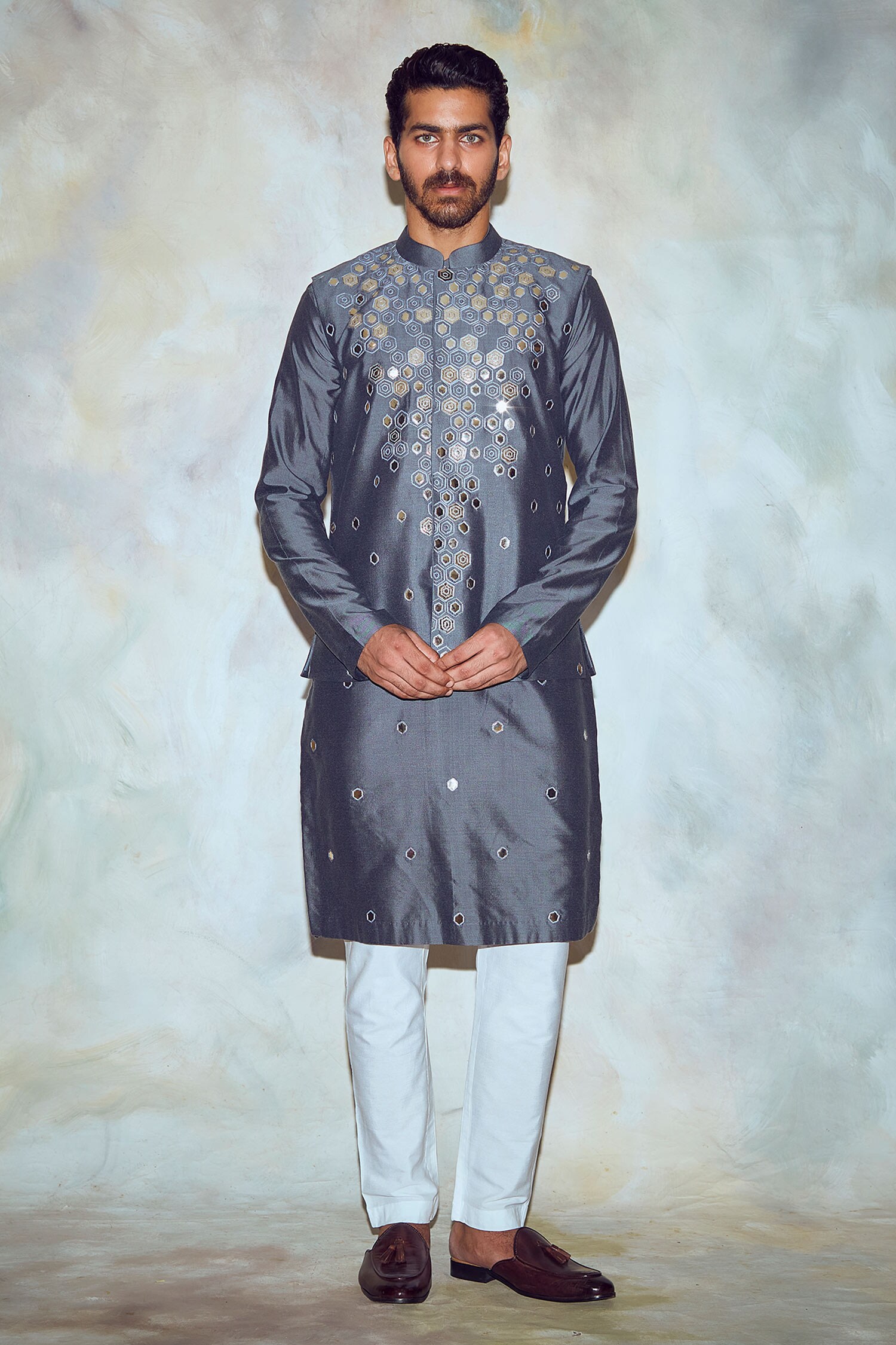 DiyaRajvvir Grey Cotton Silk Embroidered Bundi With Kurta