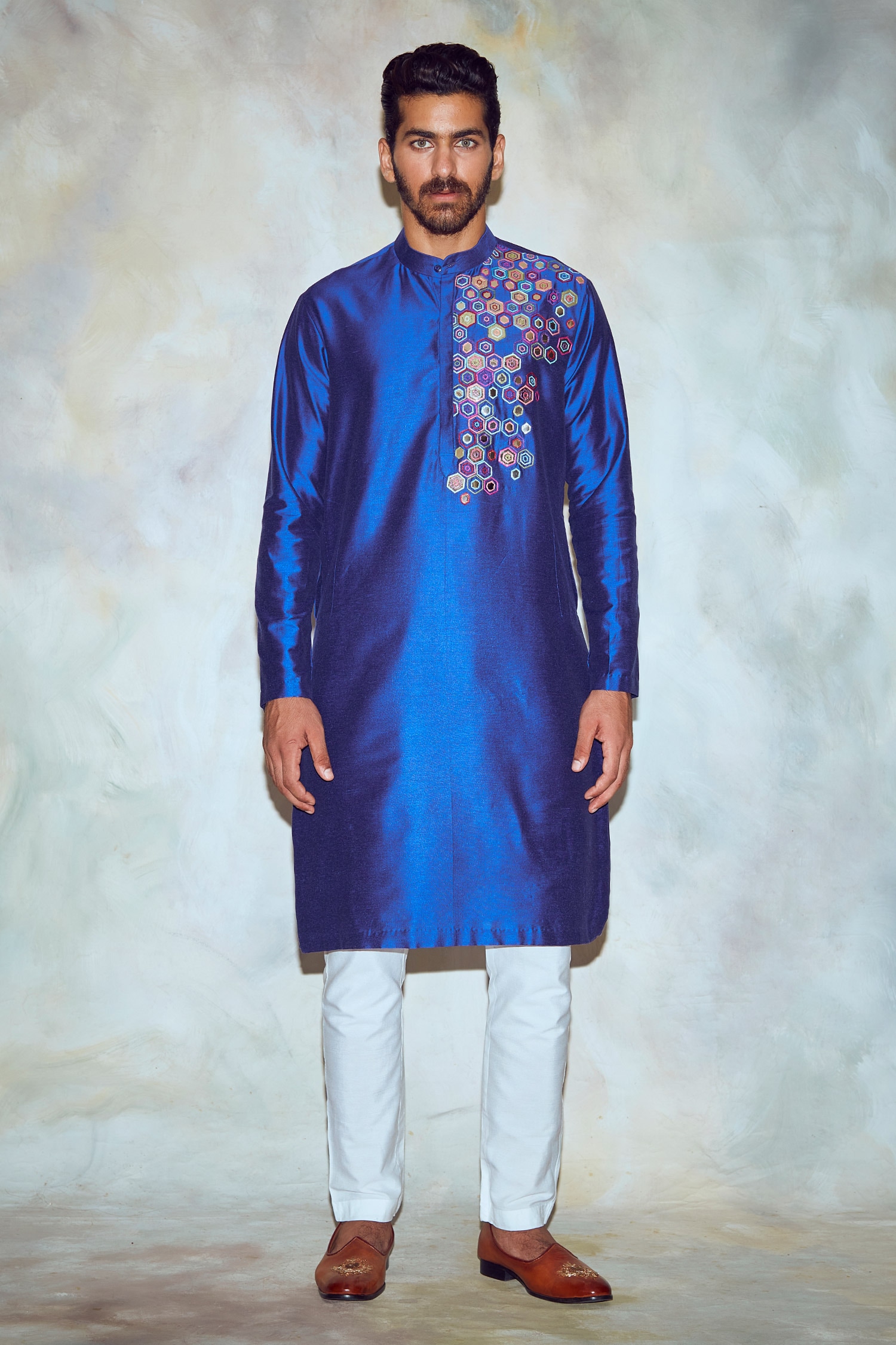 DiyaRajvvir Blue Cotton Silk Embroidered Straight Kurta