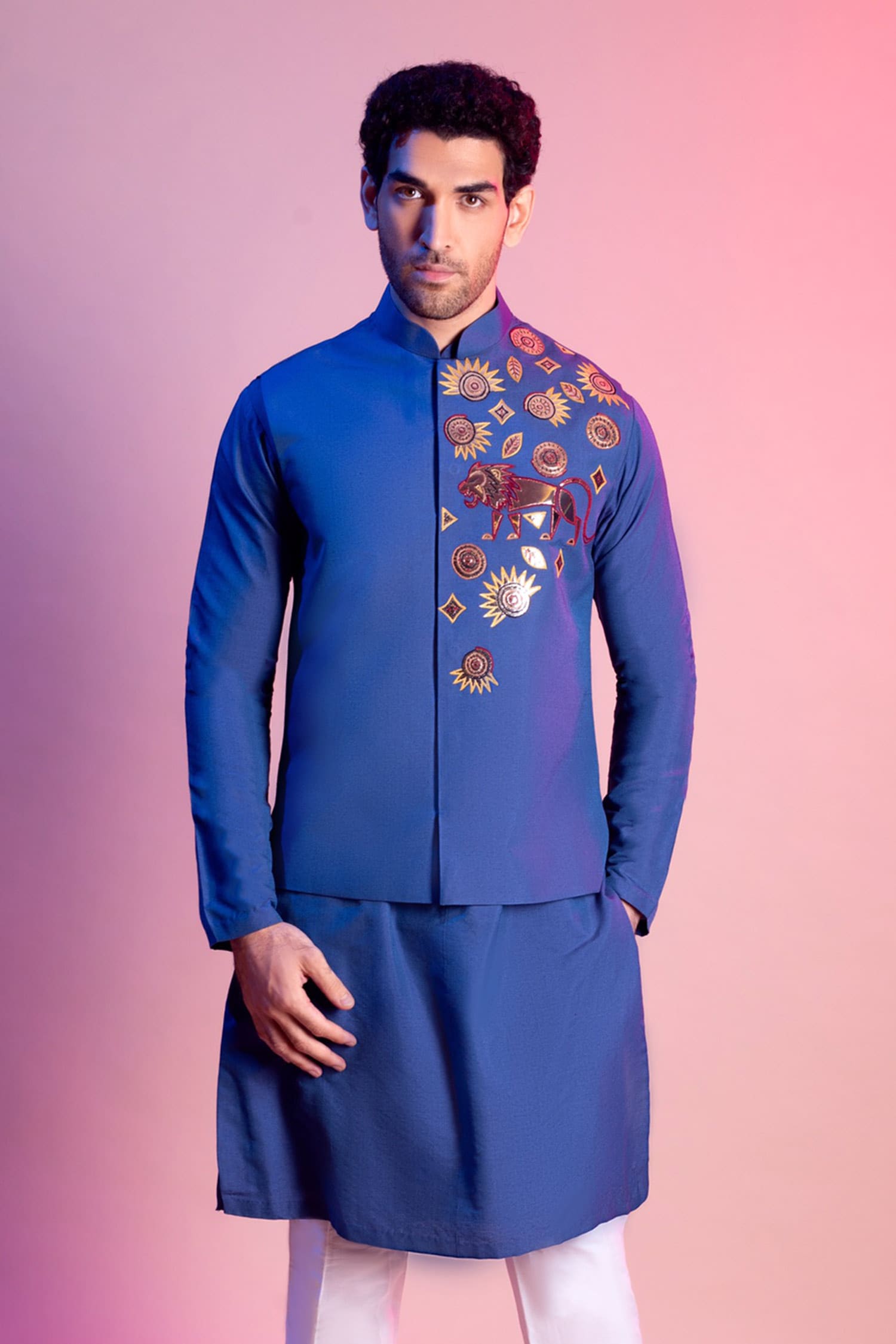 Buy Blue Silk Bundi Lining Mul Embroidered And Kurta Set For Men By ...