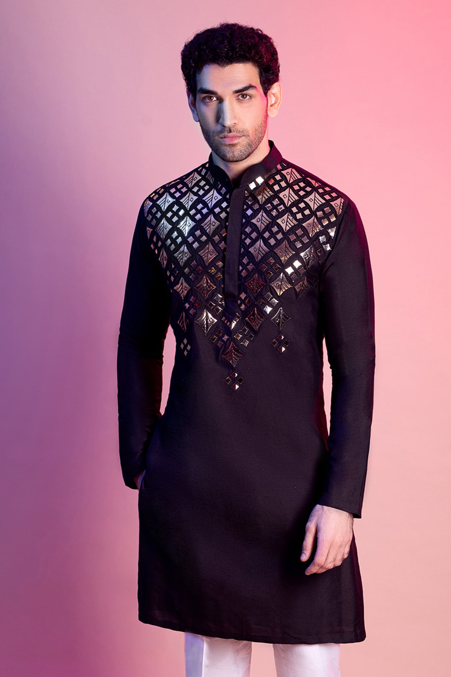 Buy Black Silk; Lining: Mul Embroidered Kurta Set For Men by ...