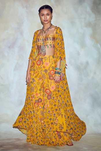 Yellow Printed Cape Top & Pant Co-Ord Set main image 0