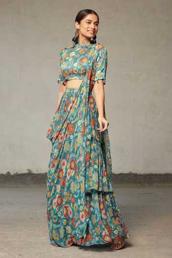 Sample JANYAS CLOSET Turquoise Blue Layered Floral Saree Set for Girls