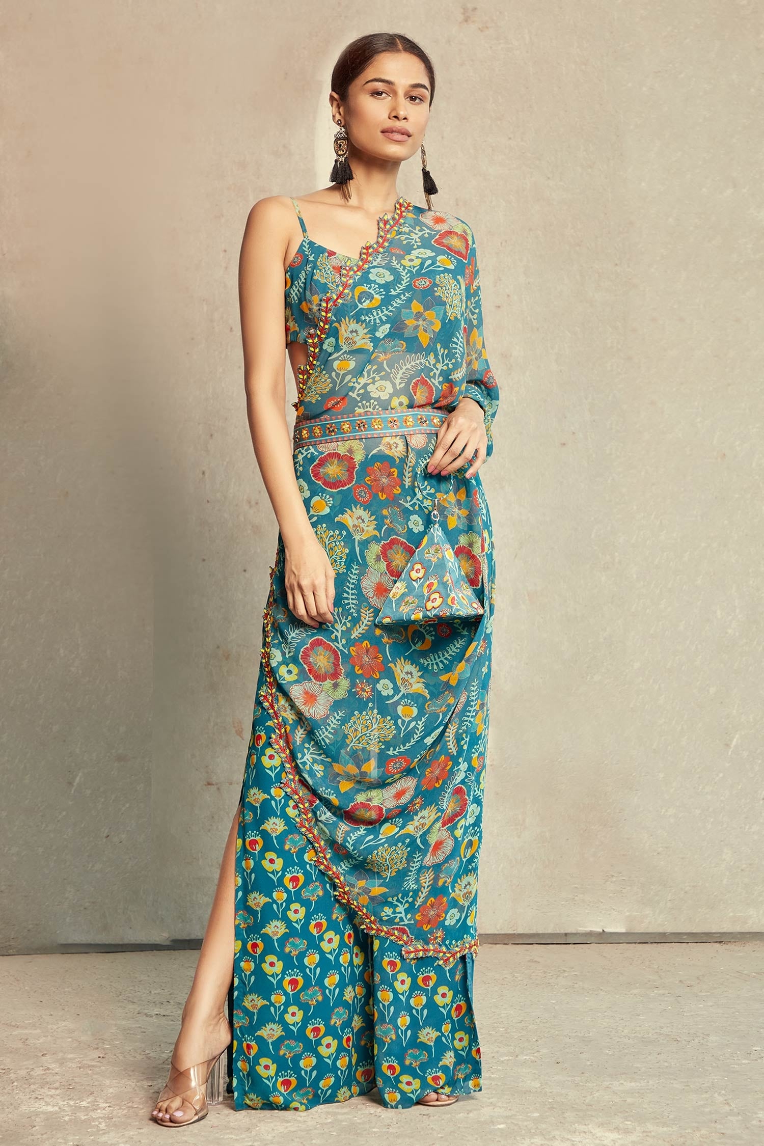 Buy DiyaRajvvir Blue Georgette Floral Print Kaftan And Pant Set Online ...