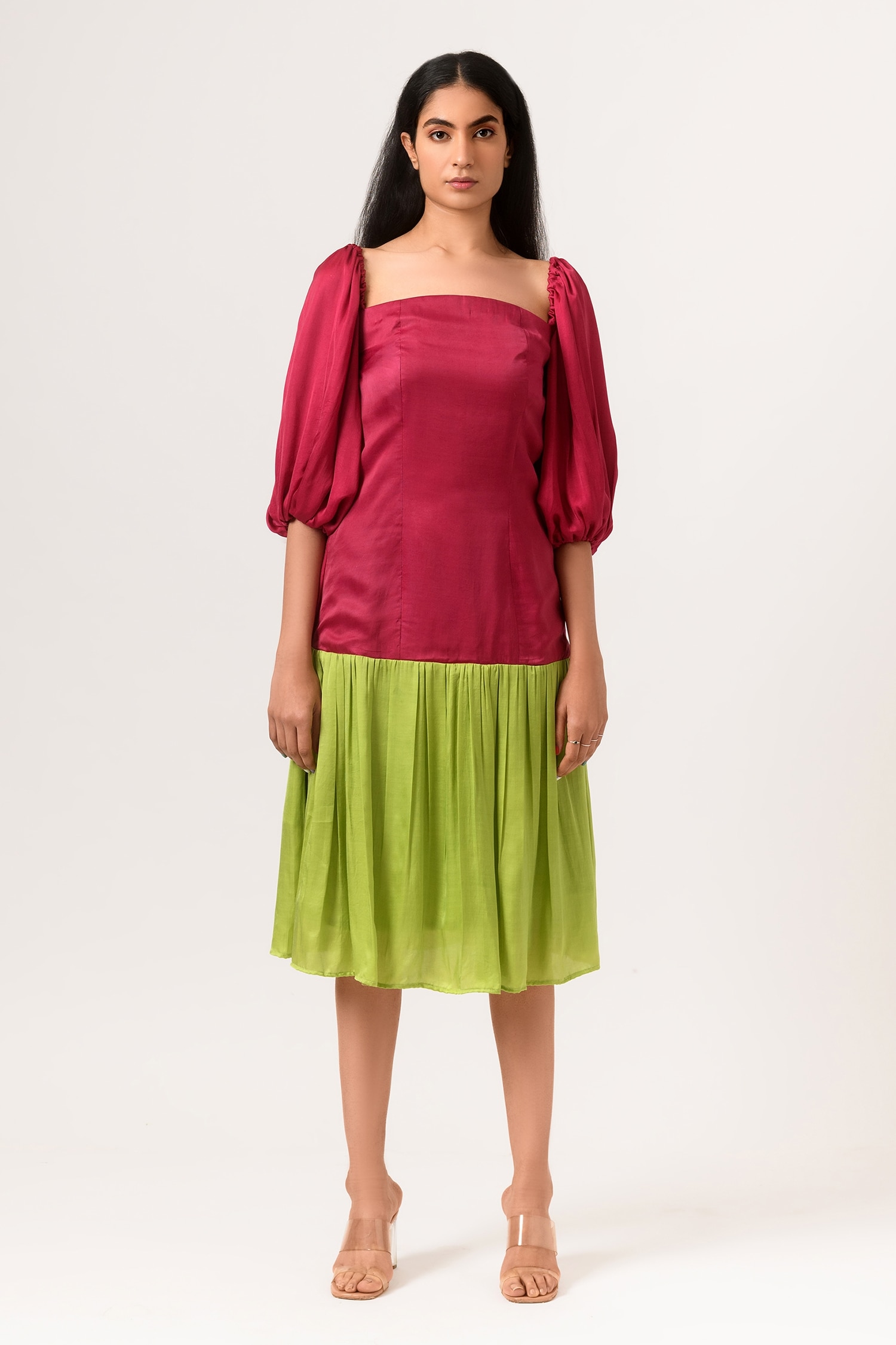Buy Neora By Nehal Chopra Maroon Sustainable Silk Balloon Sleeve Dress ...