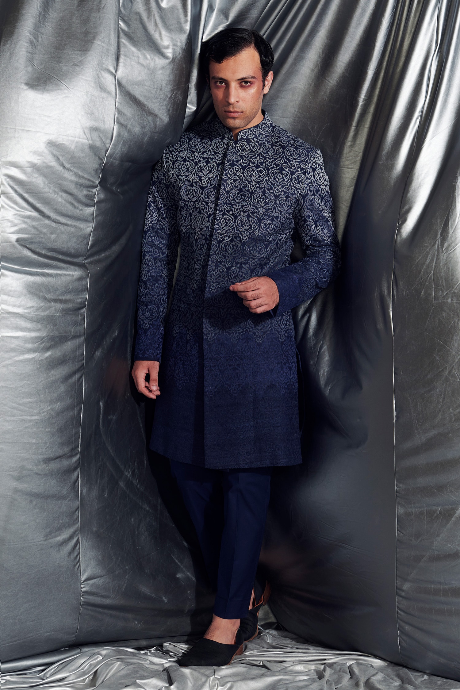 Buy Dev R Nil Blue Silk Ikat Embroidered Sherwani Set Online | Aza Fashions