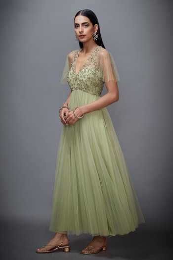 Buy Green Mono Net V Neck Floral Embroidered Flared Dress For Women by  RI.Ritu Kumar Online at Aza Fashions.