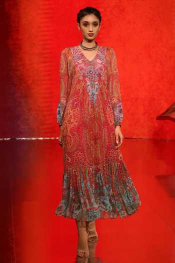 Buy Ritu Kumar Pink Viscose Chiffon Floral Print Flared Dress Online | Aza Fashions