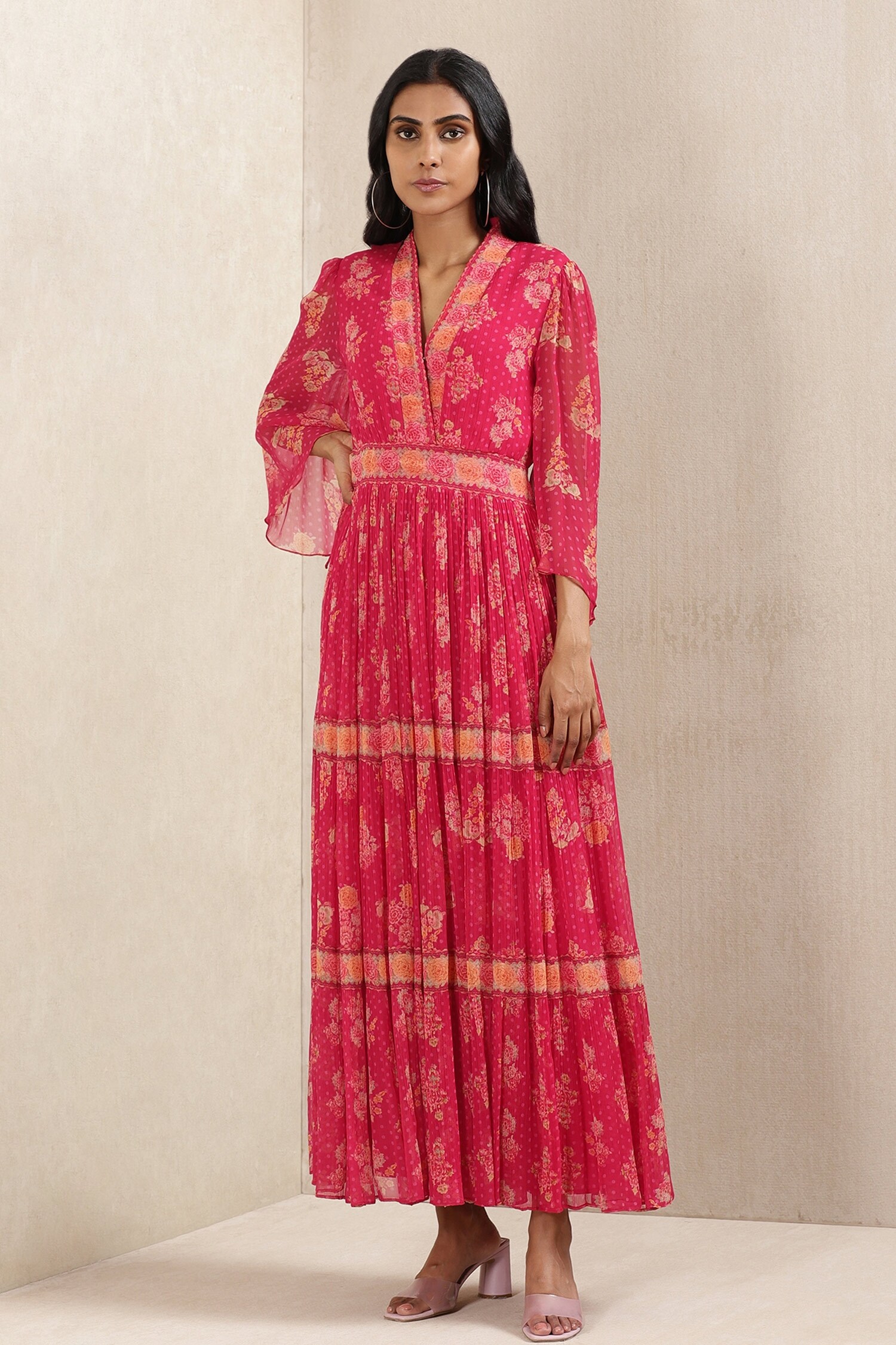 Buy Ritu Kumar Pink Viscose Chiffon Floral Print Dress Online | Aza ...