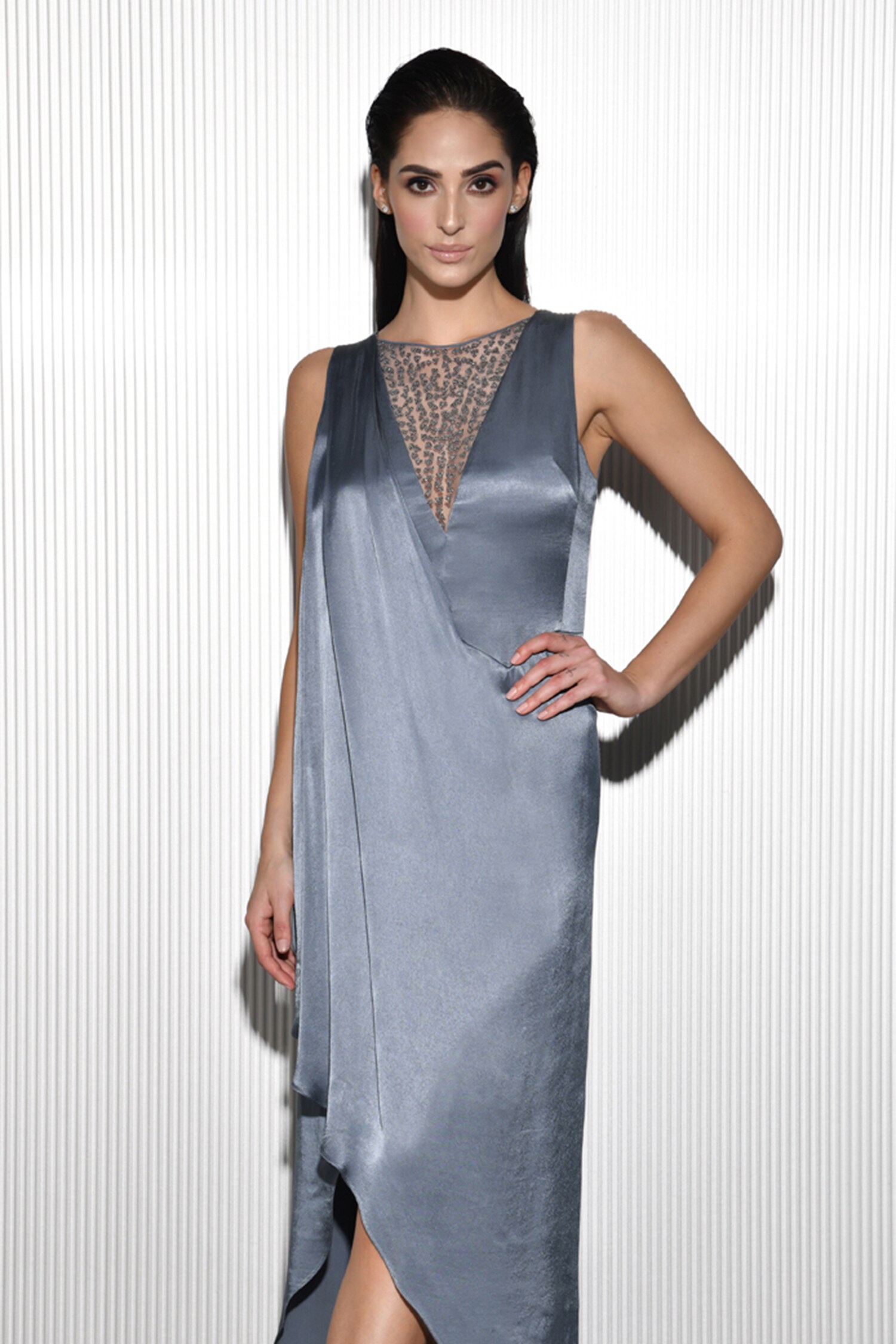 Buy Rohit Gandhi + Rahul Khanna Blue Viscose Draped Asymmetric Dress Online  | Aza Fashions