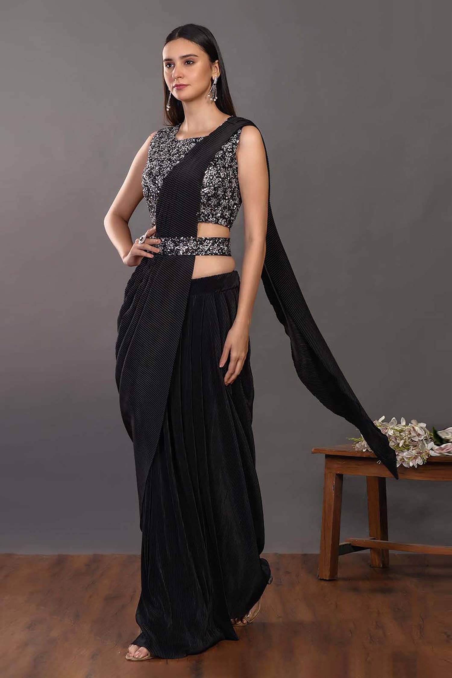 Buy Black Lycra Embroidery Sequin And Cutdana Pre-draped Saree With ...