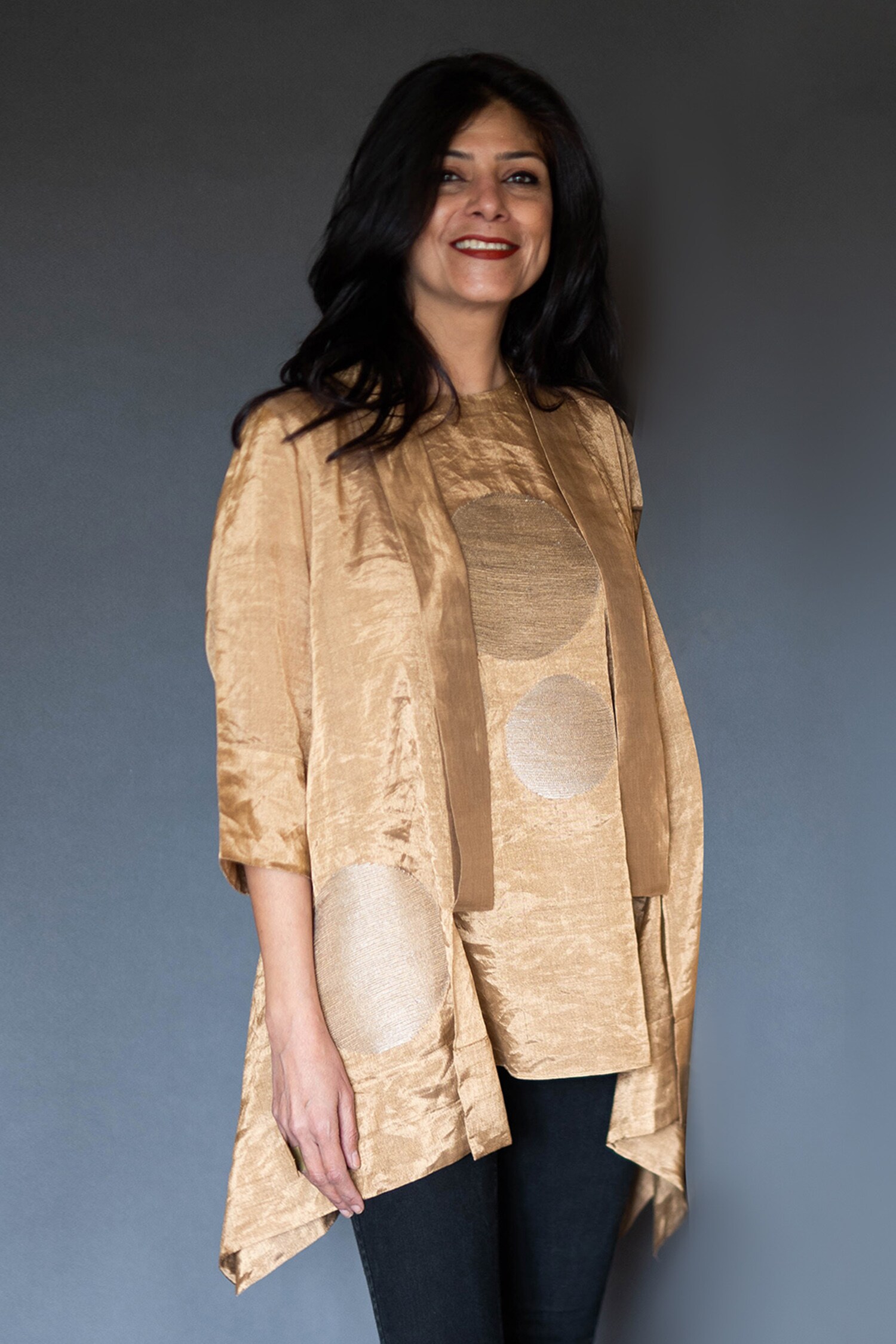 Buy Gold Chanderi Tissue Round Jacket With Top For Women by Taika by ...