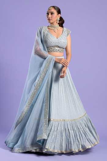 Print Crop Top Lehenga Set with Mirror & Pleated Sleeve main image 1