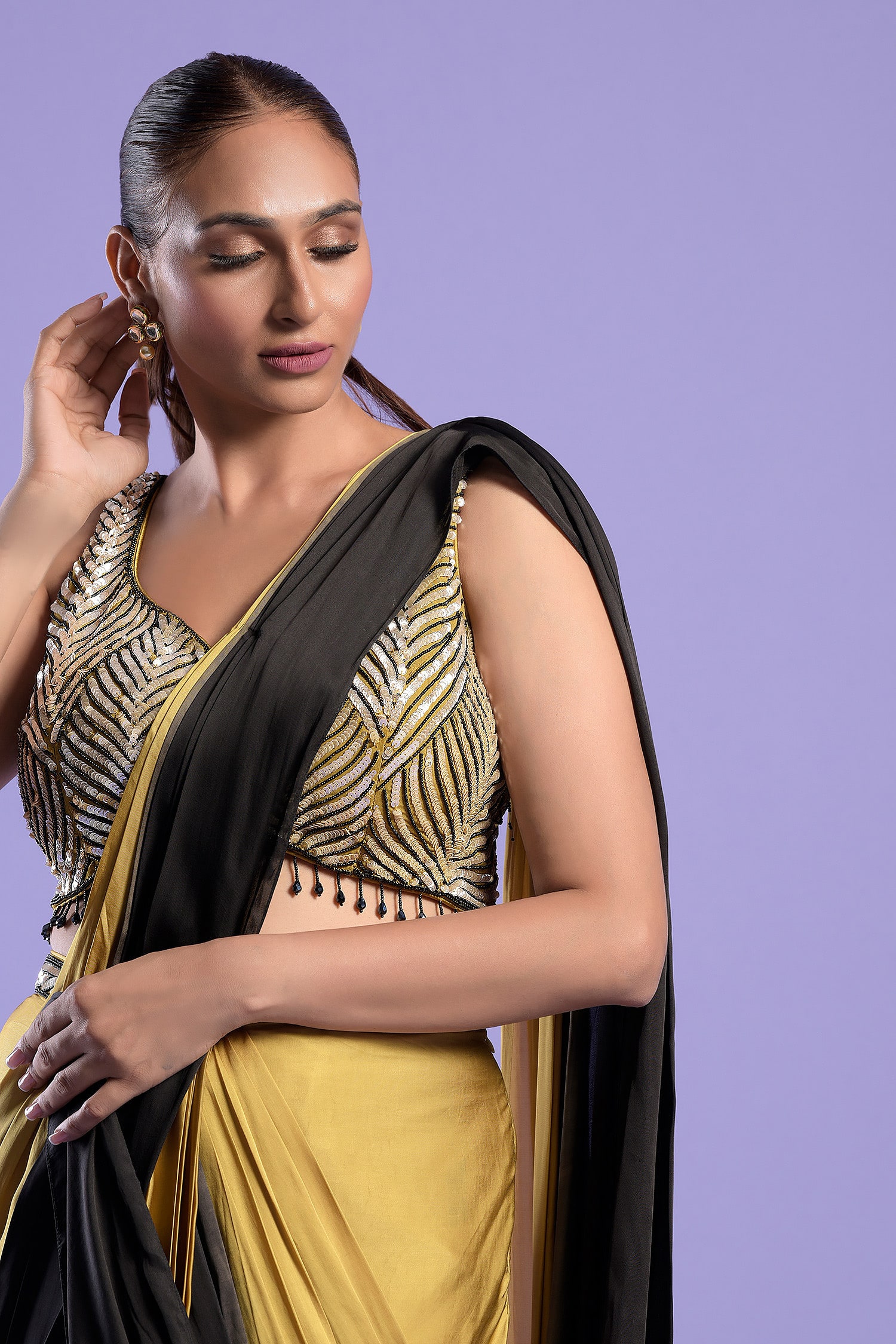 Buy Black Saree with a Golden Blouse by PUNIT BALANA at Ogaan Online  Shopping Site