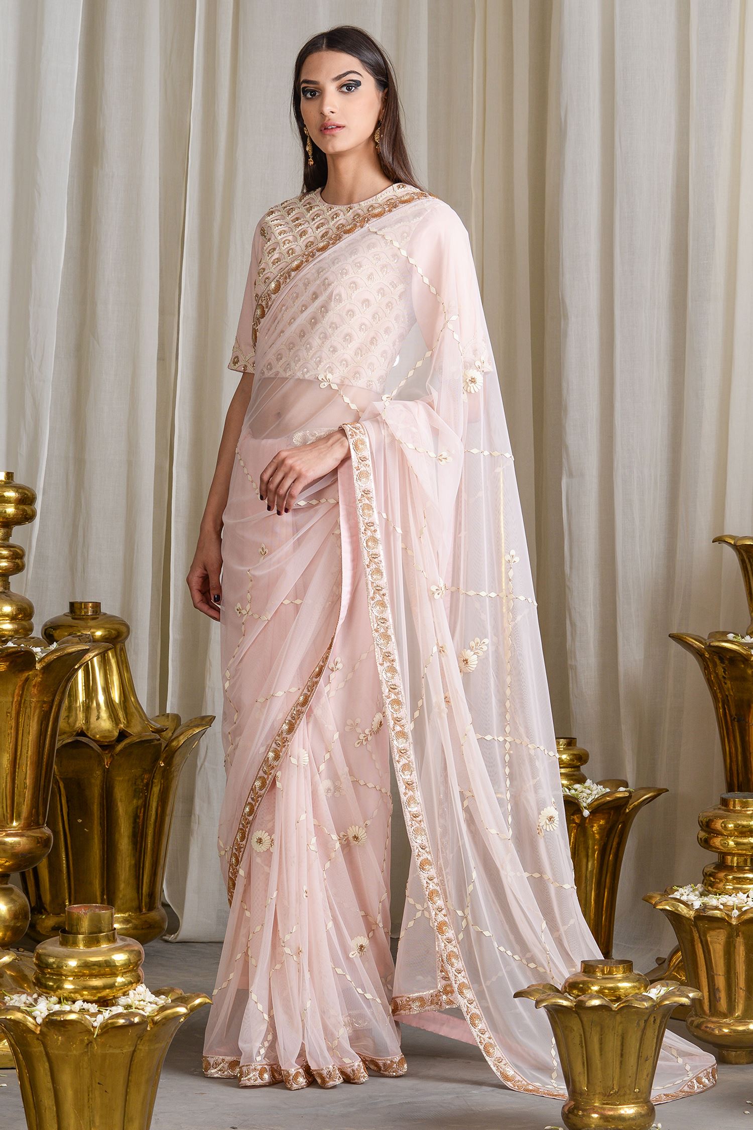 Sahil Kochhar Pink Cotton Twill Embroidered Saree With Blouse