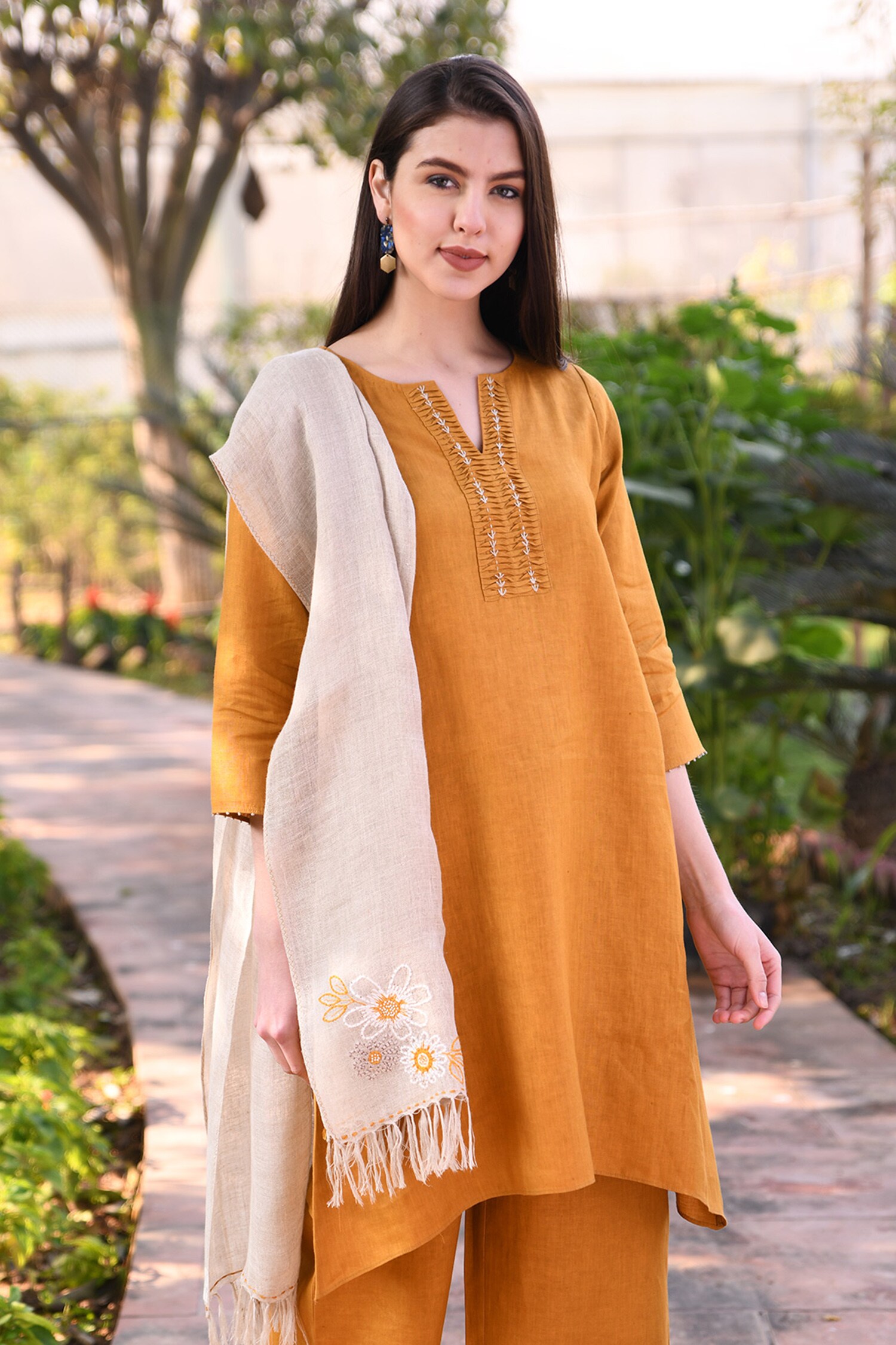 Buy Linen Bloom Yellow Linen Embroidered Tunic Online Aza Fashions